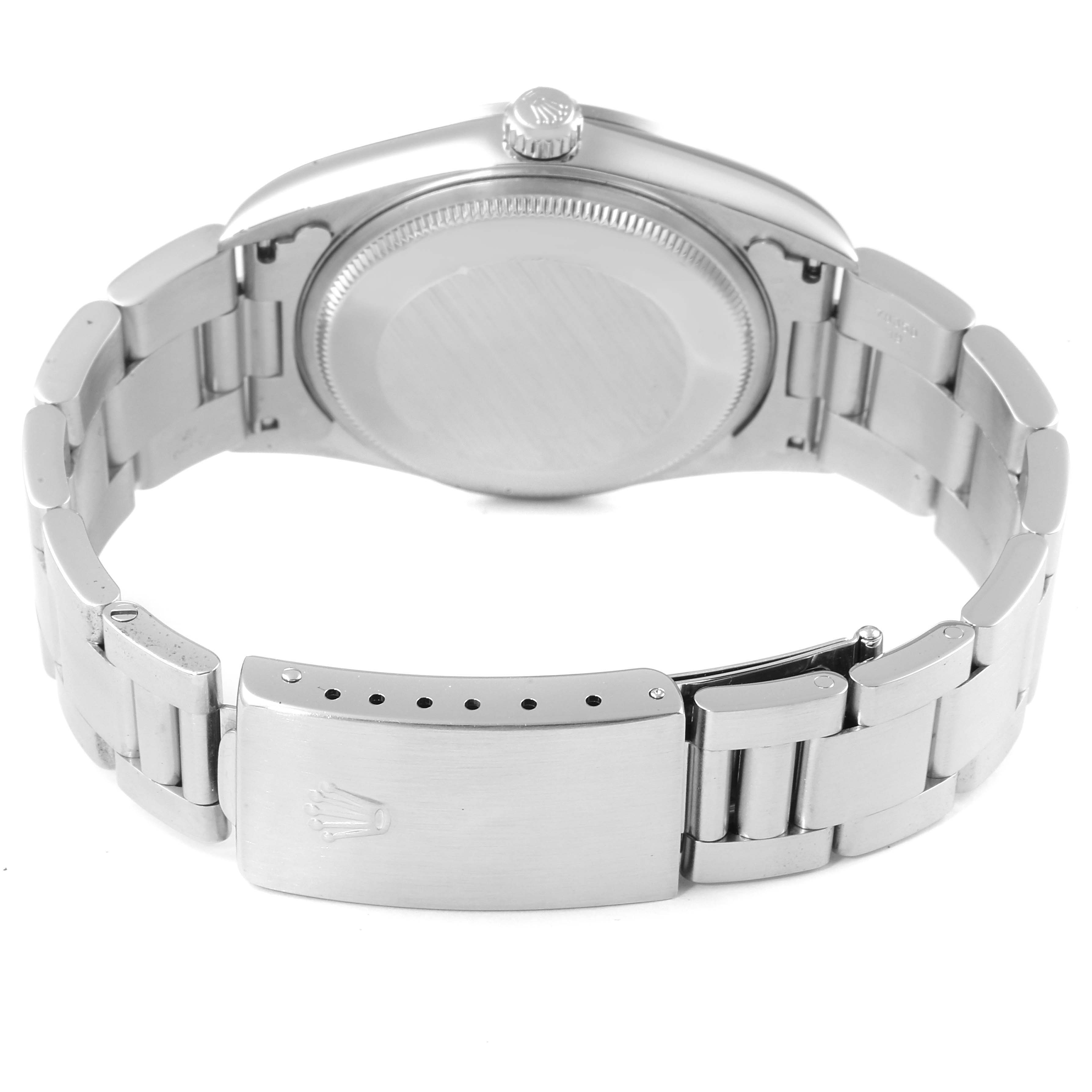 The image shows the Rolex Air-King 14000 Men's Stainless Steel Blue Dial 14000 Men's Stainless Steel Blue Dial watch from the back, highlighting the closed clasp and case back.