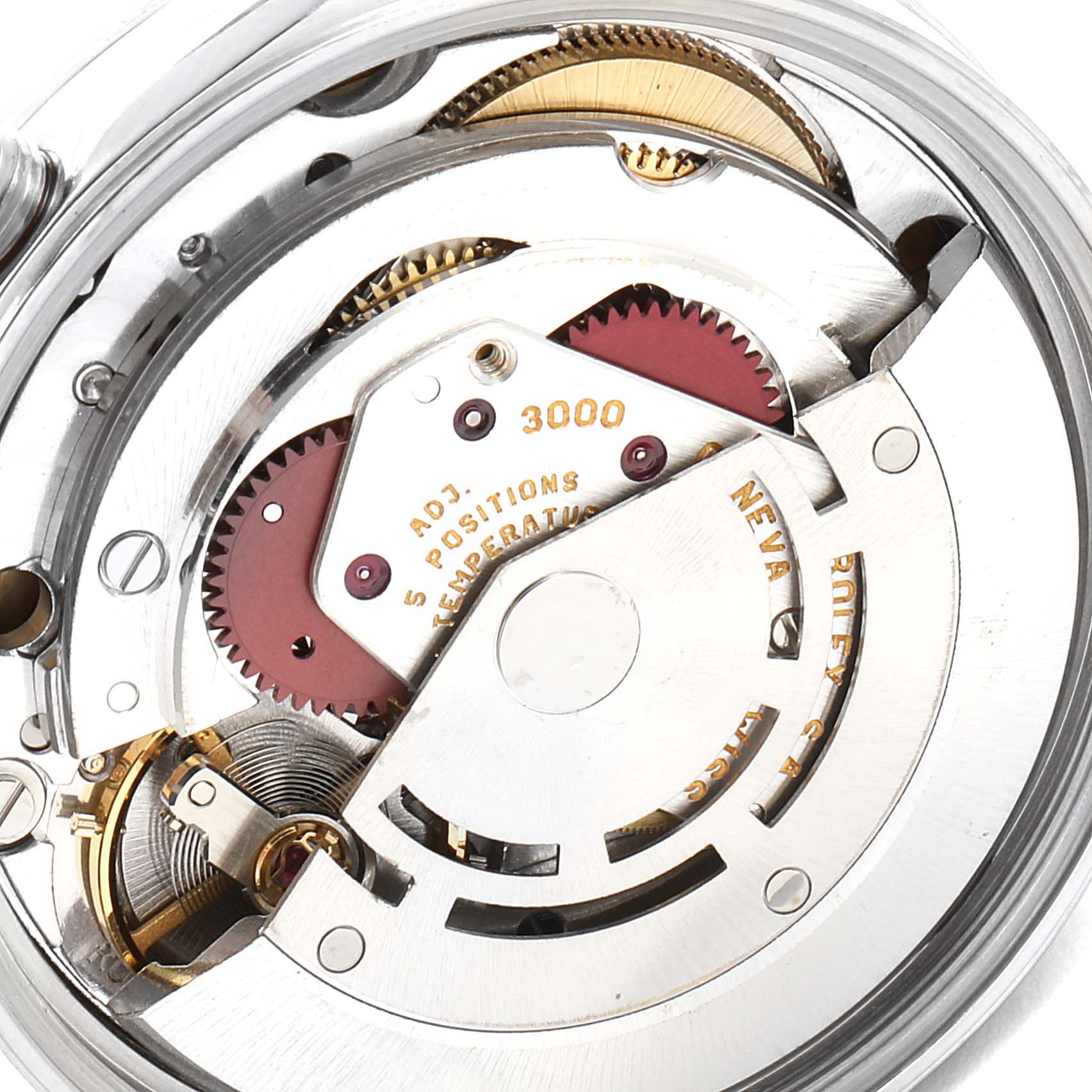 This image shows a close-up of the inner mechanical movement of a Rolex Air-King 14000 Men's Stainless Steel Blue Dial 14000 Men's Stainless Steel Blue Dial watch, highlighting the gears and rotor.