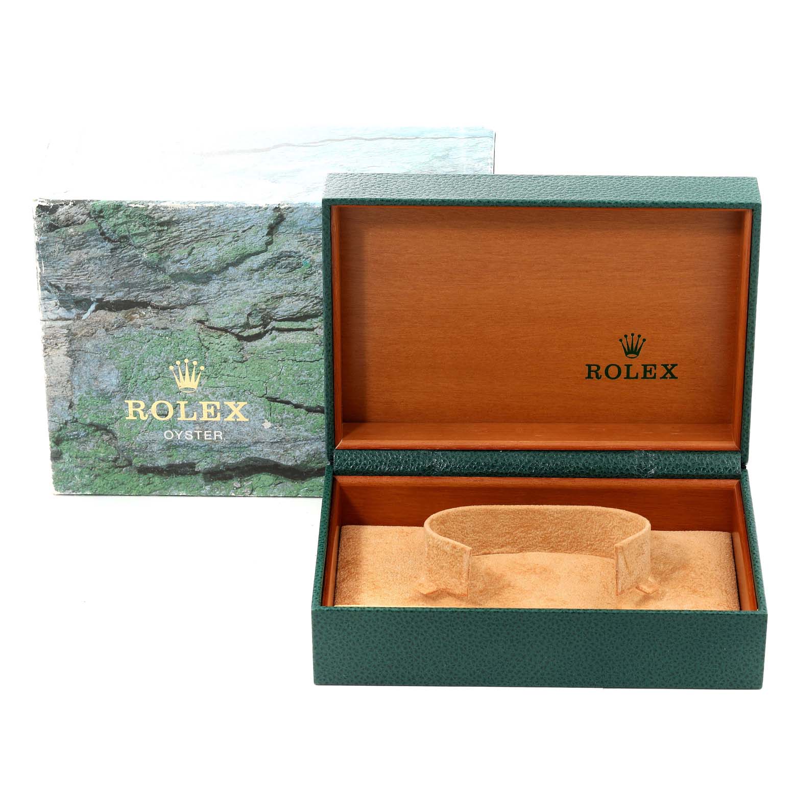 The image shows an open green Rolex Air-King 14000 Men's Stainless Steel Blue Dial 14000 Men's Stainless Steel Blue Dial watch box, featuring an inner wooden compartment and a watch holder, with the outer packaging behind it.