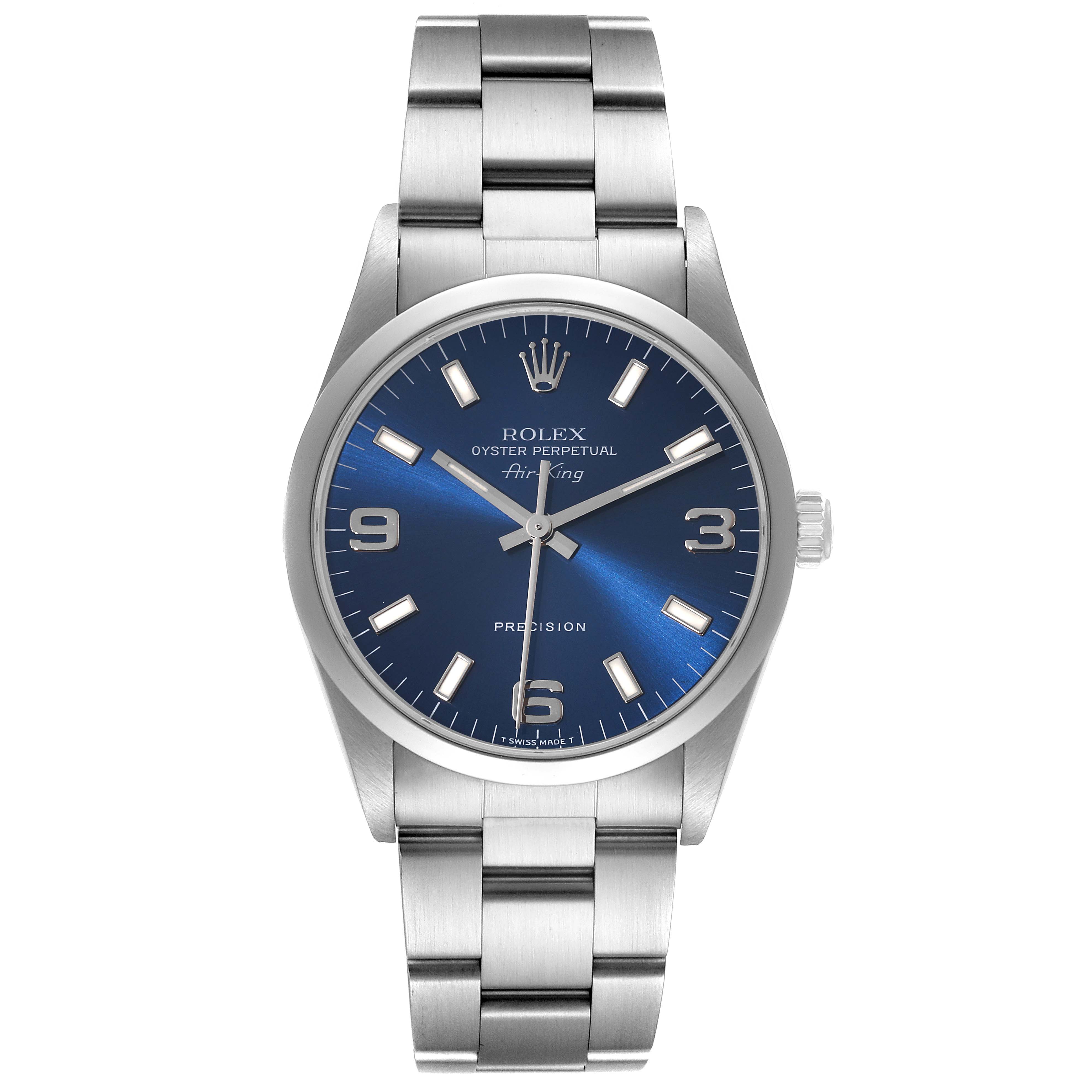 The image shows a front view of the Rolex Air-King 14000 Men's Stainless Steel Blue Dial 14000 Men's Stainless Steel Blue Dial watch, displaying the face, bezel, and bracelet.