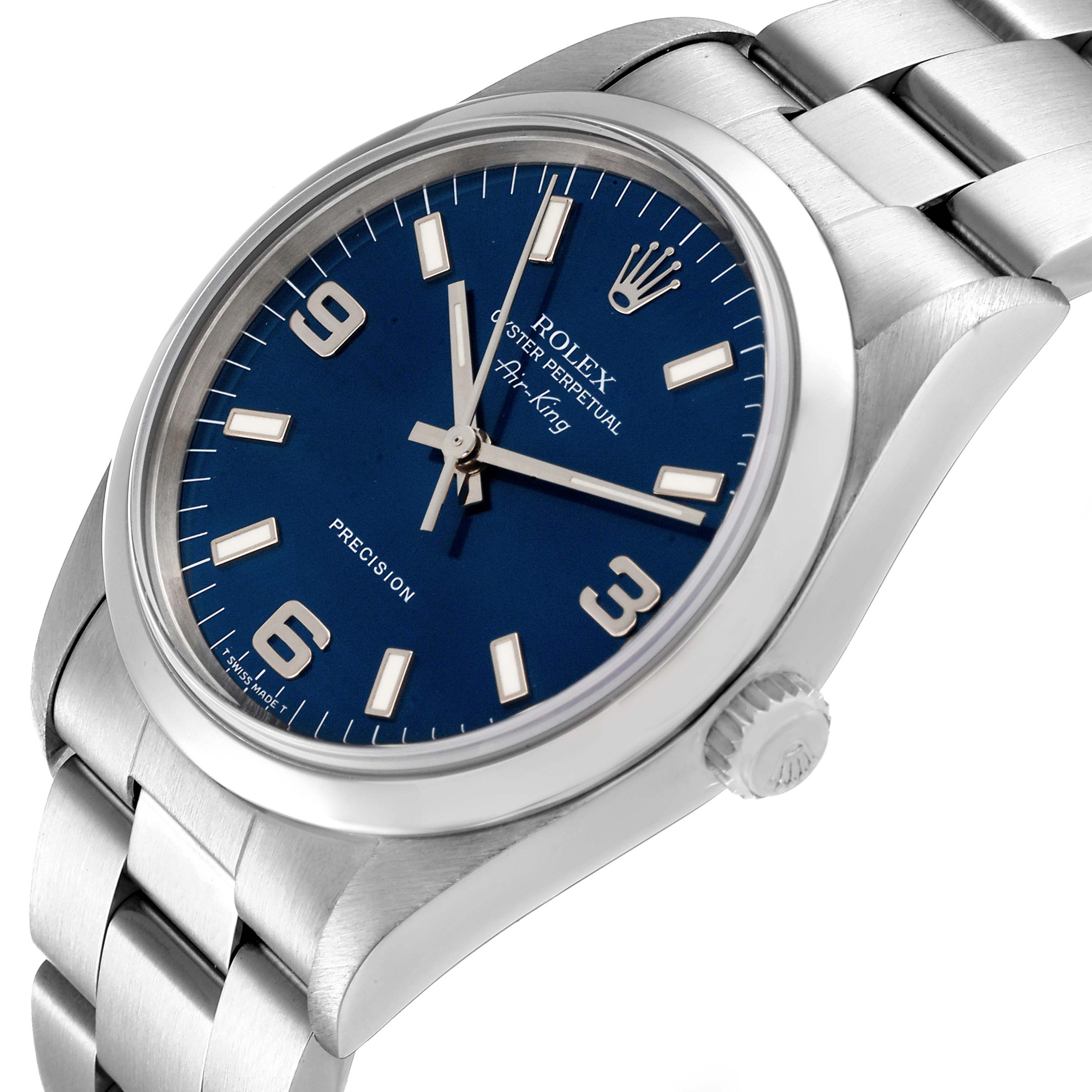 The image shows a Rolex Air-King 14000 Men's Stainless Steel Blue Dial 14000 Men's Stainless Steel Blue Dial watch from a slight side angle, focusing on the blue dial, stainless steel case, and bracelet.