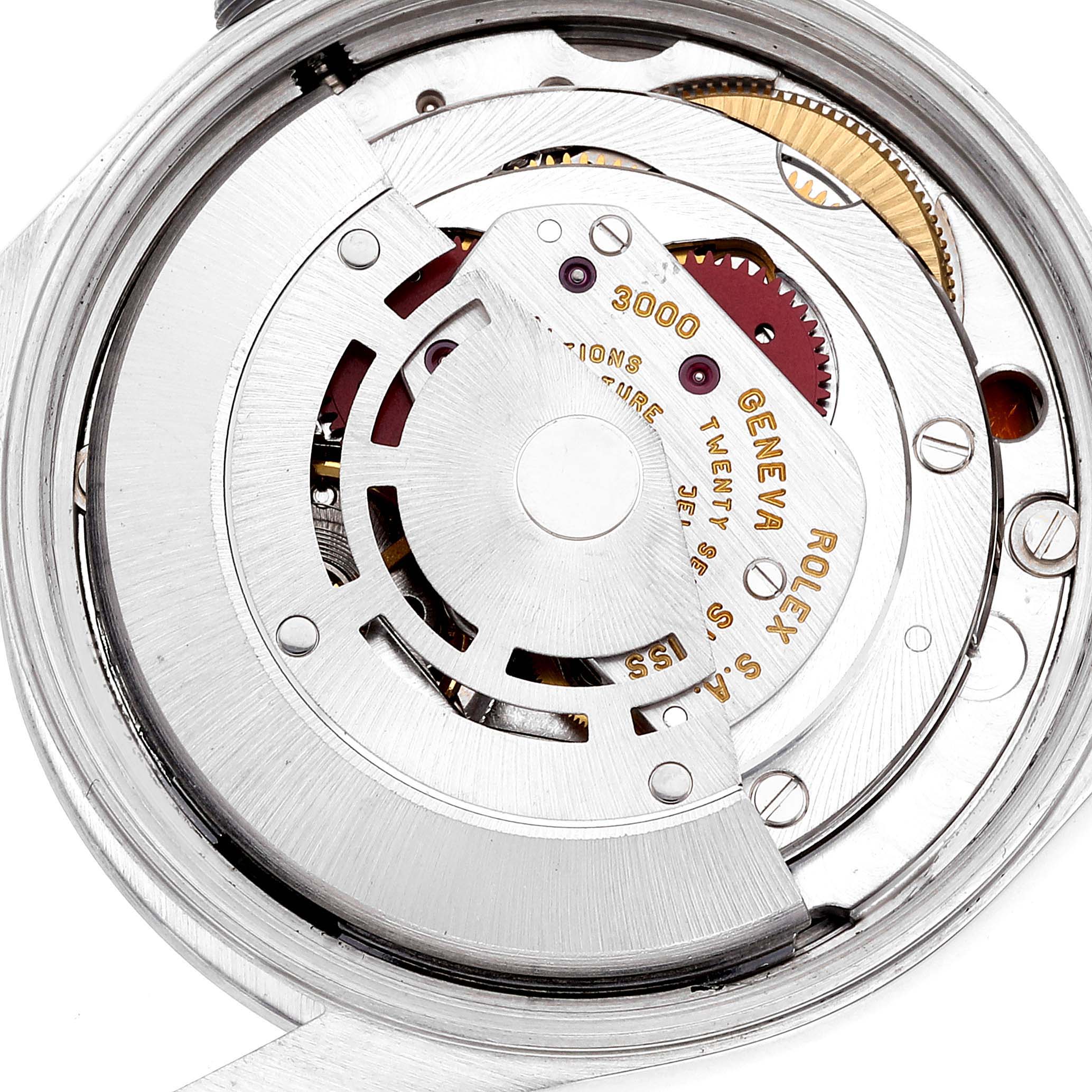 This close-up image shows the intricate internal movement mechanism of the Rolex Air-King 14000 Men's Stainless Steel Blue Dial 14000 Men's Stainless Steel Blue Dial watch.