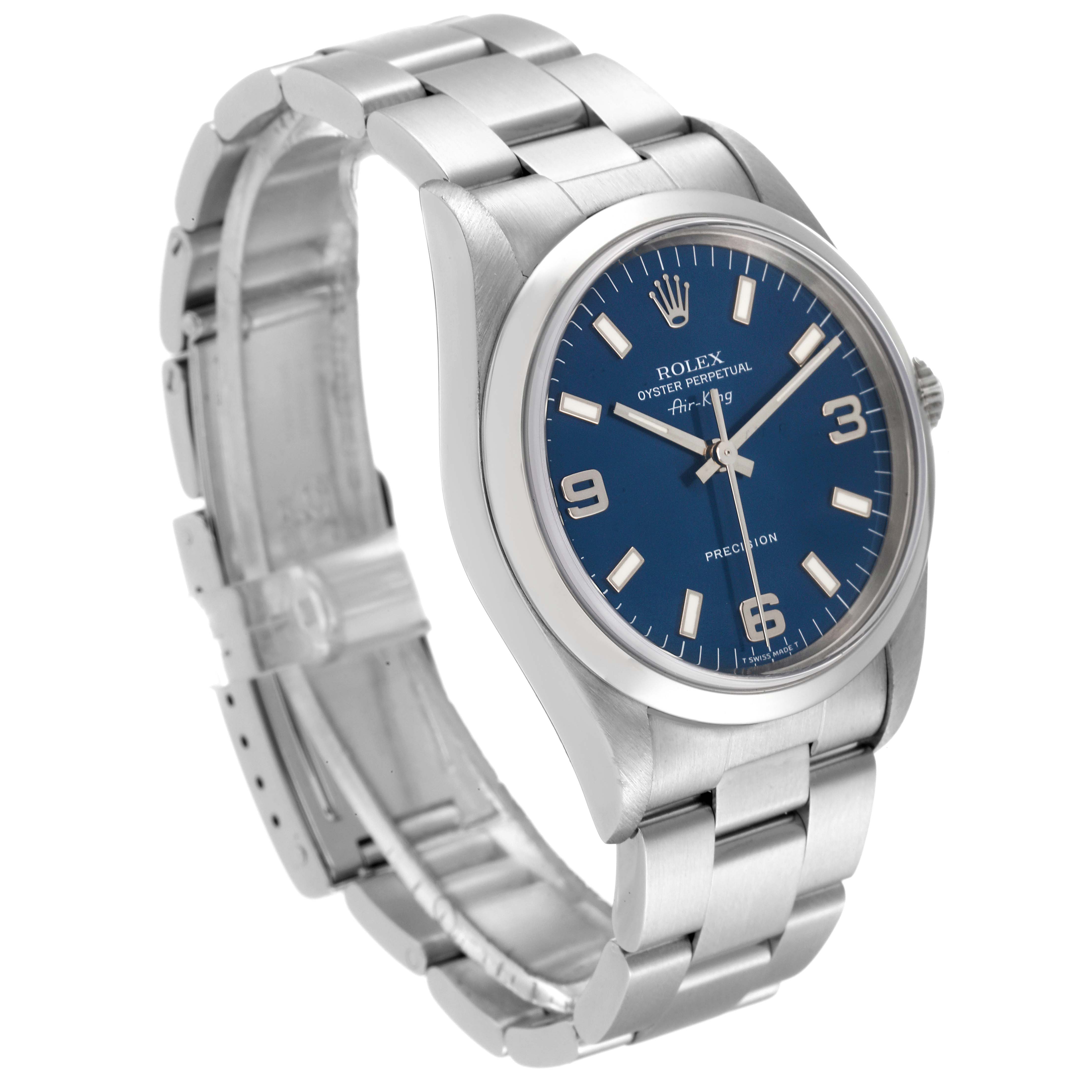 This image shows a Rolex Air-King 14000 Men's Stainless Steel Blue Dial 14000 Men's Stainless Steel Blue Dial watch from a front angle, highlighting the dial, bezel, and bracelet.