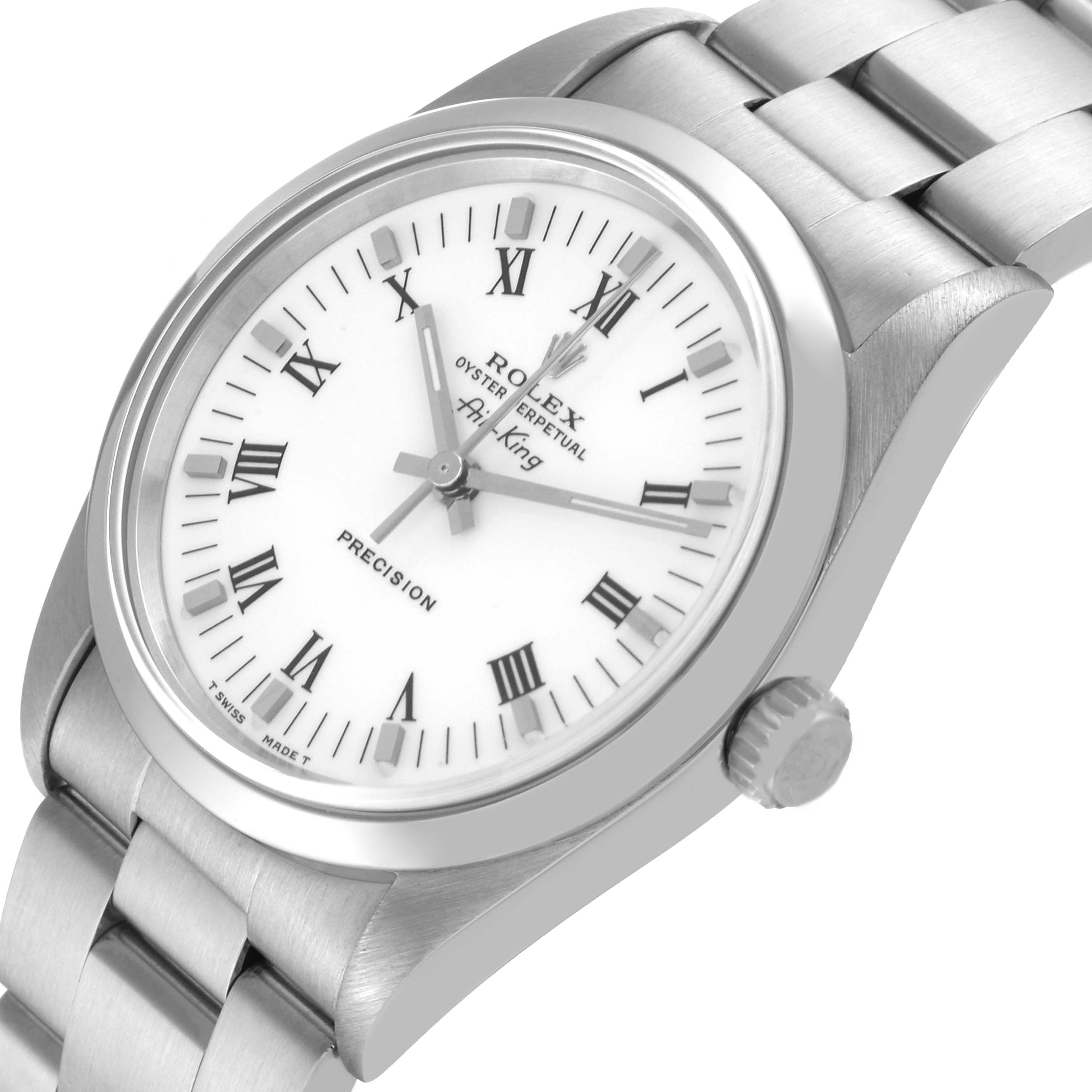 The image shows a top-side view of a Rolex Air-King 14000 Men's Stainless Steel White Dial 14000 Men's Stainless Steel White Dial watch, highlighting the face, crown, and bracelet.