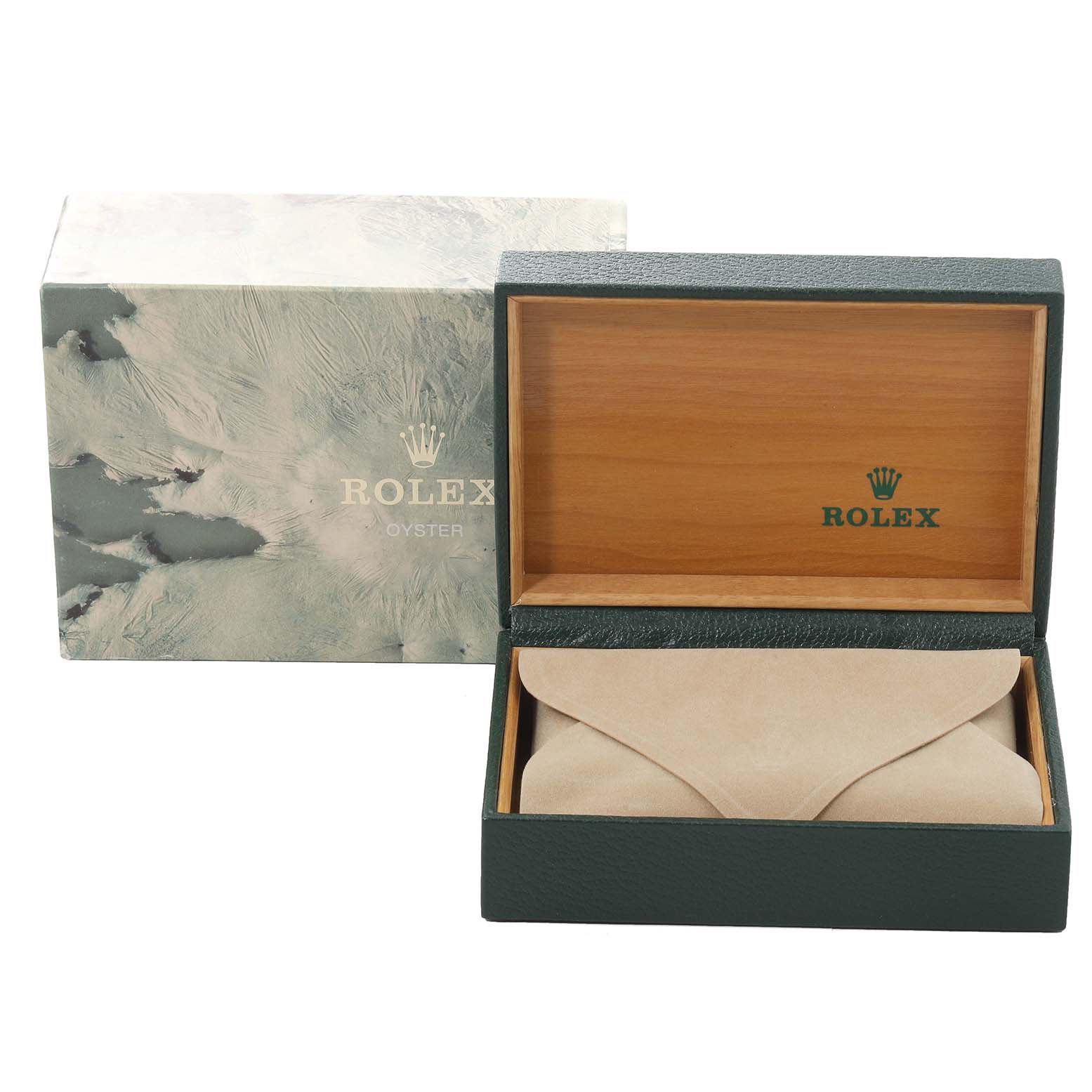 The image shows a Rolex Air-King 14000 Men's Stainless Steel White Dial 14000 Men's Stainless Steel White Dial watch box and packaging, featuring an outer box, an inner wooden box, and a suede pouch.