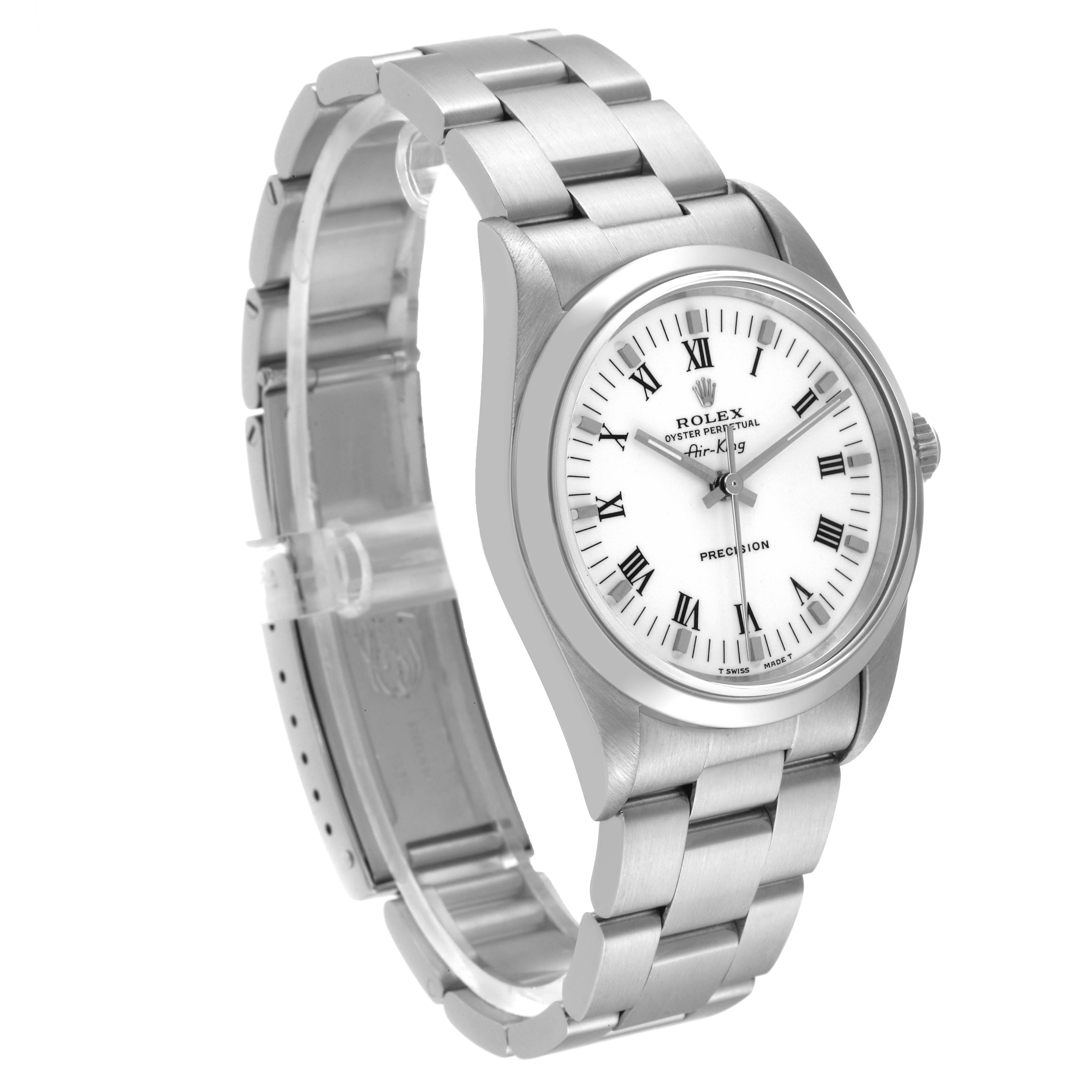 The Rolex Air-King 14000 Men's Stainless Steel White Dial 14000 Men's Stainless Steel White Dial watch is shown at an angle revealing the dial, bezel, crown, and bracelet.