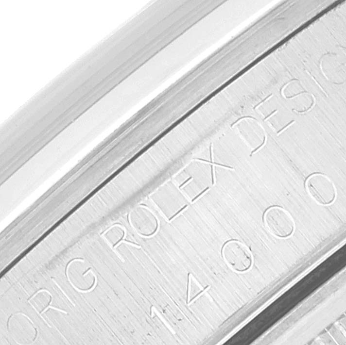 The image shows a close-up of the inner engraving on the casing of a Rolex Air-King 14000 Men's Stainless Steel White Dial 14000 Men's Stainless Steel White Dial watch.