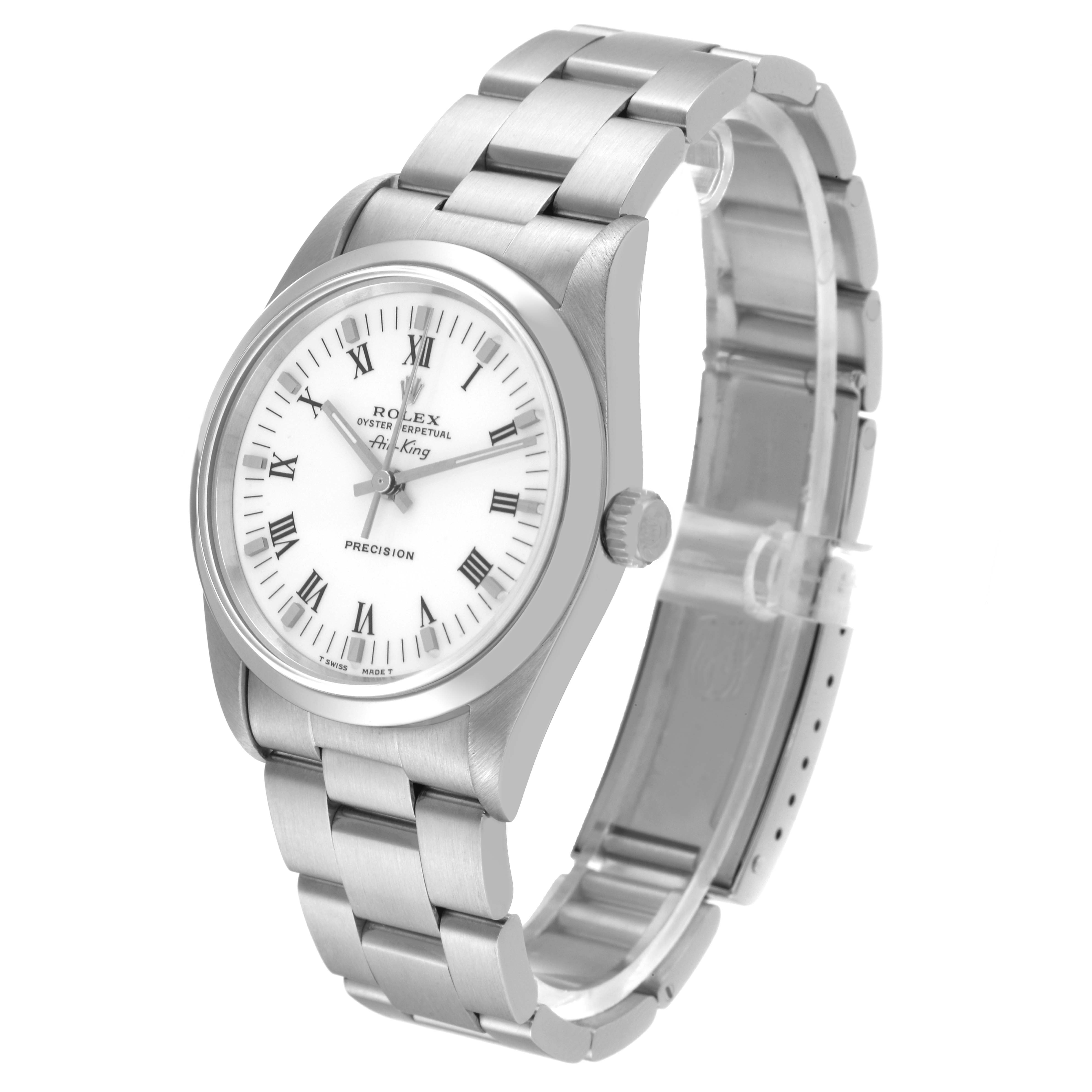 The image shows a Rolex Air-King 14000 Men's Stainless Steel White Dial 14000 Men's Stainless Steel White Dial watch at a slight angle, displaying the dial, case, crown, and bracelet.
