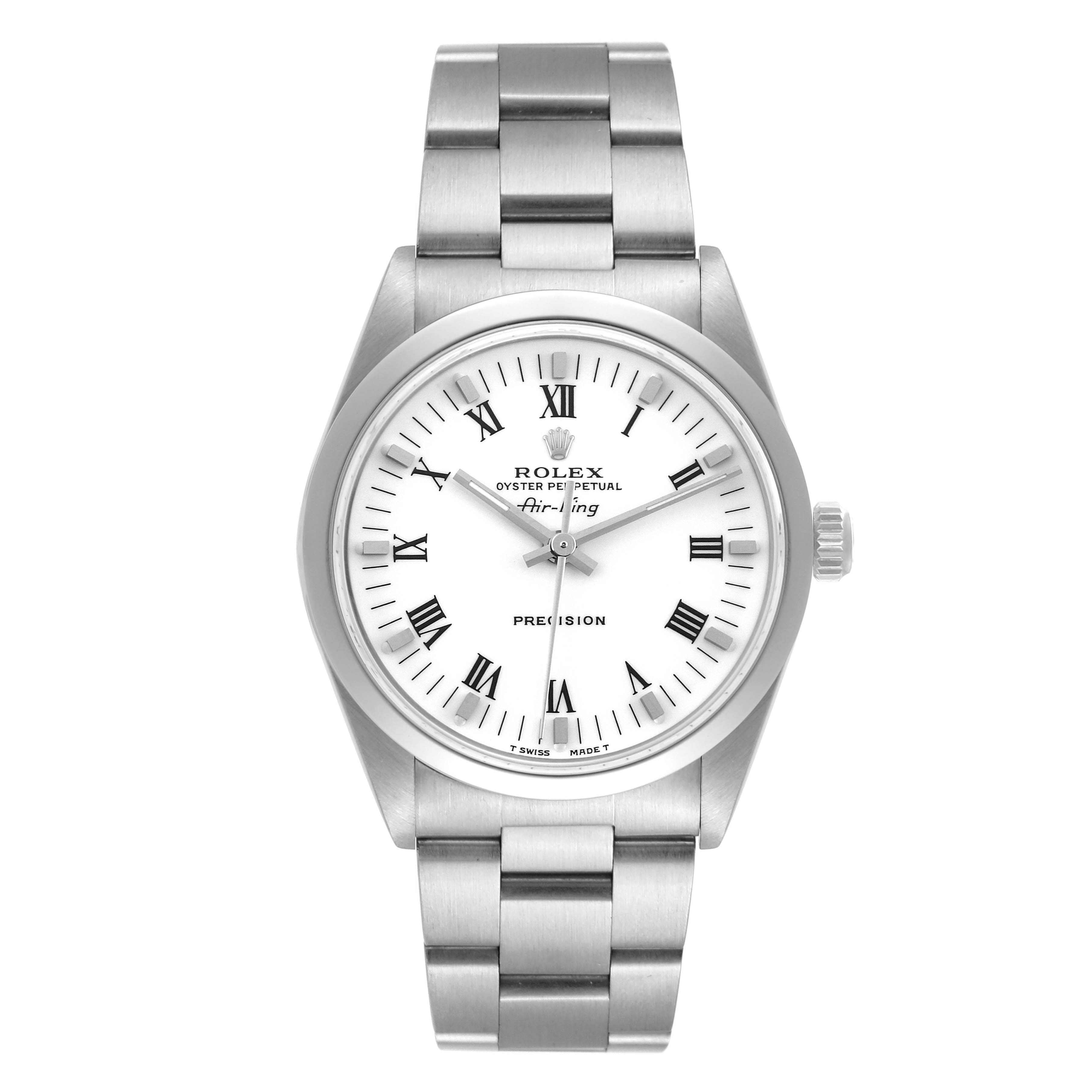 The Rolex Air-King 14000 Men's Stainless Steel White Dial 14000 Men's Stainless Steel White Dial watch is shown from a straight-on angle, highlighting its face, bezel, and bracelet.