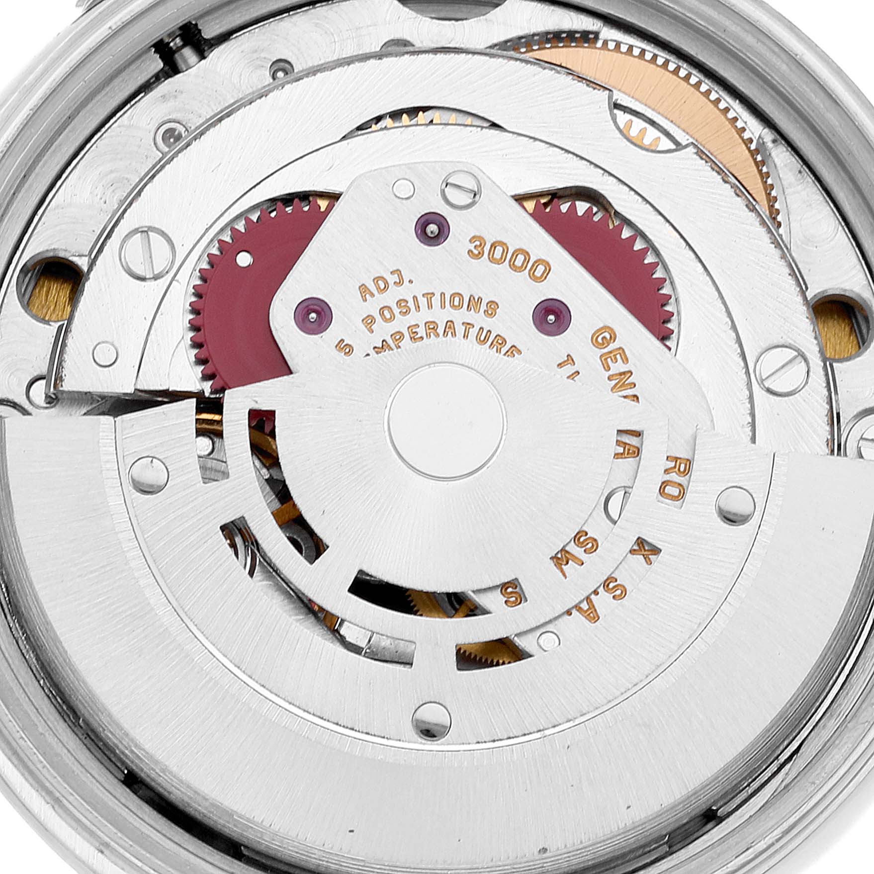 This close-up image shows the intricate internal movement mechanism of the Rolex Air-King 14000 Men's Stainless Steel White Dial 14000 Men's Stainless Steel White Dial model.