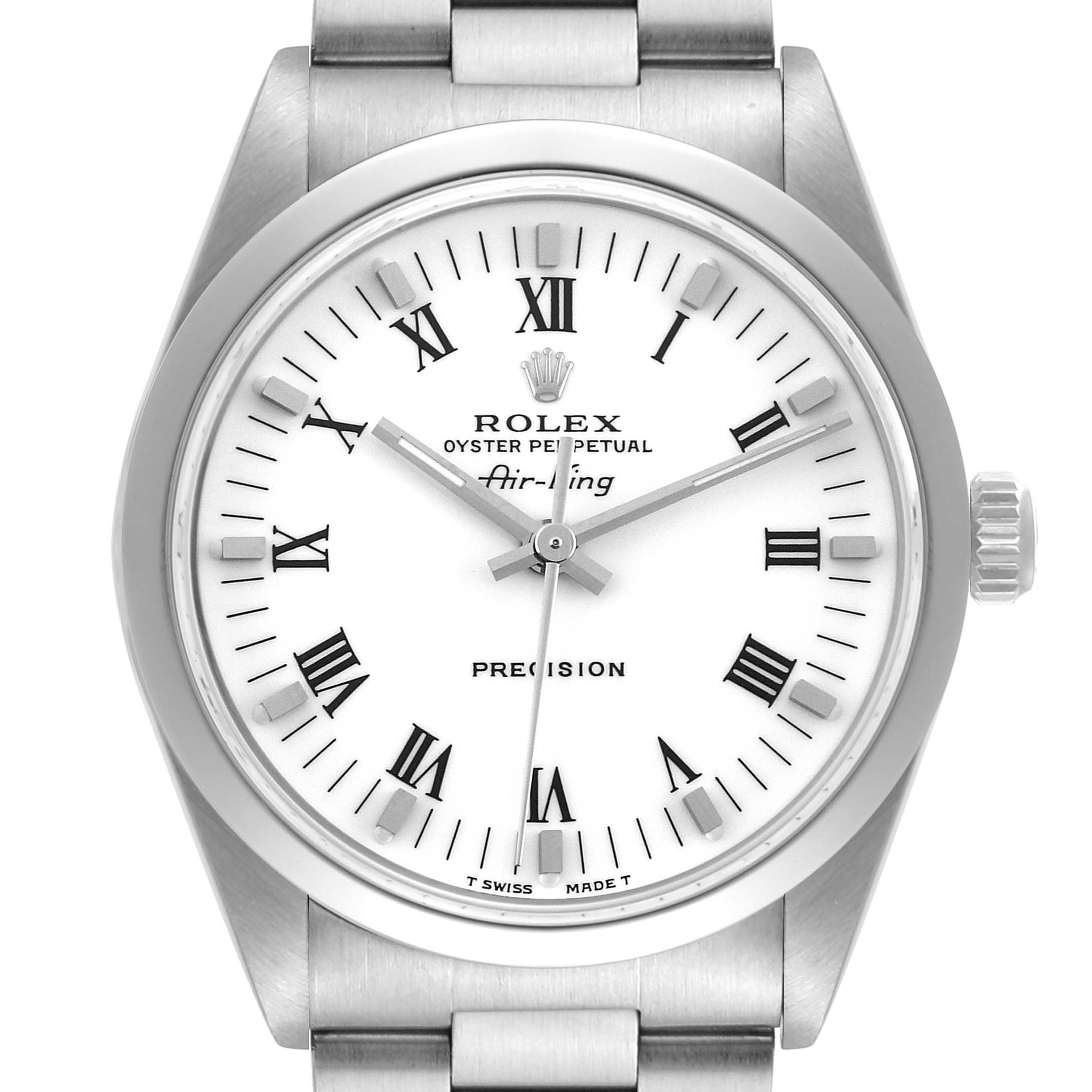 This image shows a Rolex Air-King 14000 Men's Stainless Steel White Dial 14000 Men's Stainless Steel White Dial watch front-on, highlighting the dial, hour markers, hands, and a portion of the bracelet.