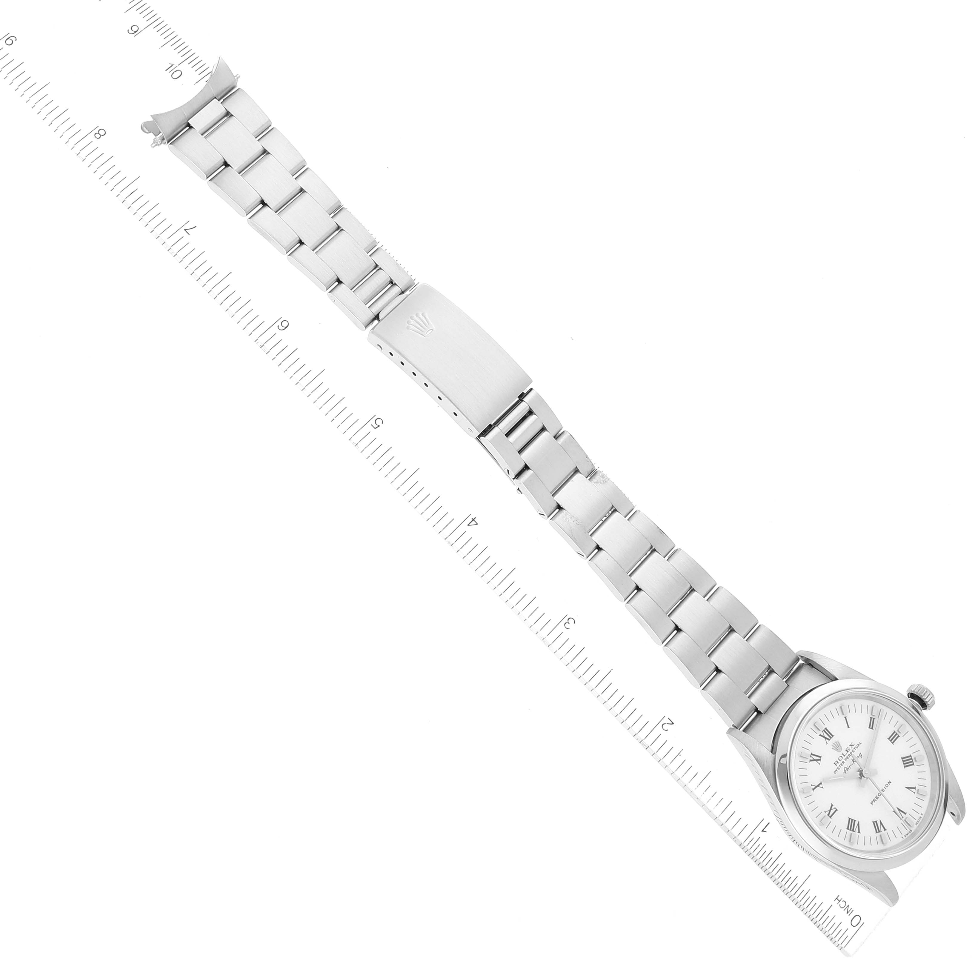 This is an overhead view of the complete Rolex Air-King 14000 Men's Stainless Steel White Dial 14000 Men's Stainless Steel White Dial watch, showing the band, clasp, and face.