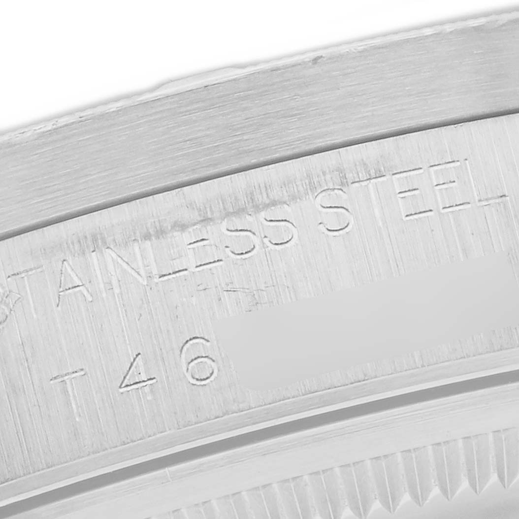 The image shows a close-up angle of the engraved bezel of a Rolex Air-King 14010 Men's Stainless Steel Black Dial 14010 Men's Stainless Steel Black Dial watch, highlighting the stainless steel material.