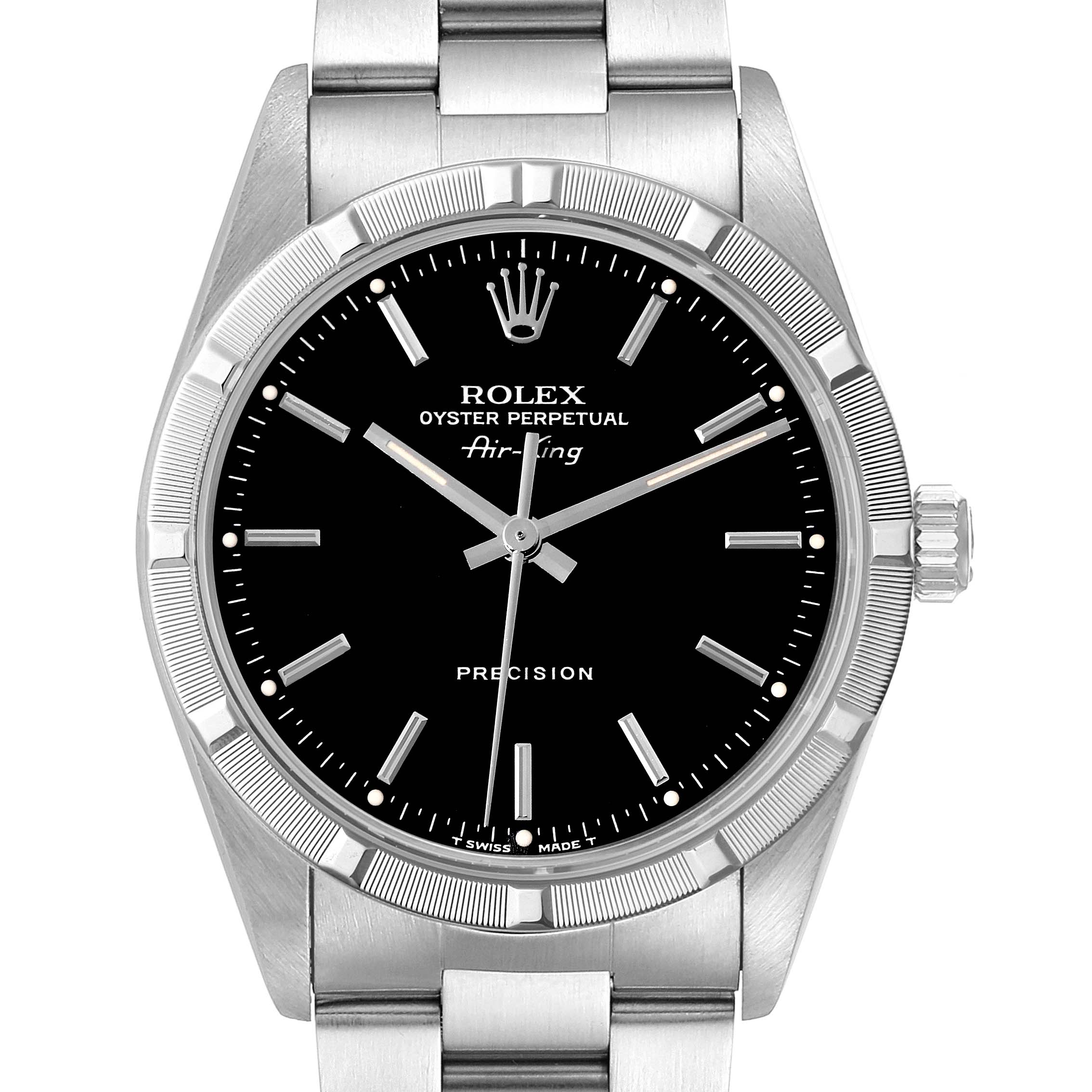 The image shows the front view of the Rolex Air-King 14010 Men's Stainless Steel Black Dial 14010 Men's Stainless Steel Black Dial watch, highlighting the dial, bezel, crown, and part of the bracelet.