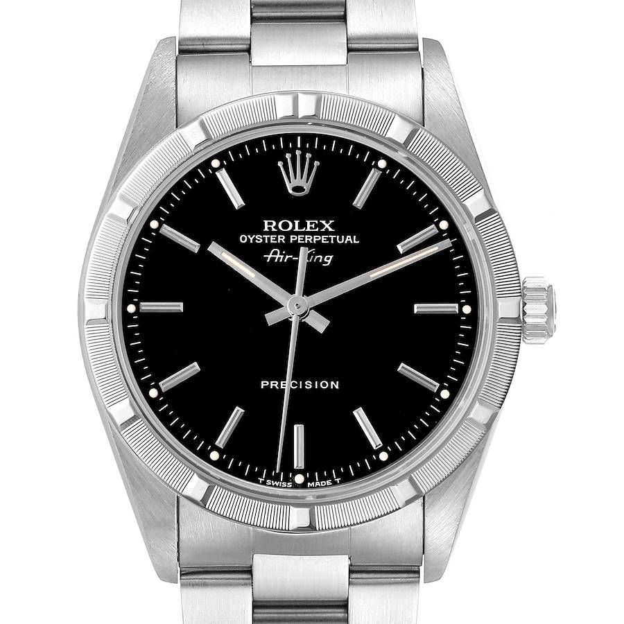 The image shows the front view of the Rolex Air-King watch, highlighting the dial, bezel, crown, and part of the bracelet.