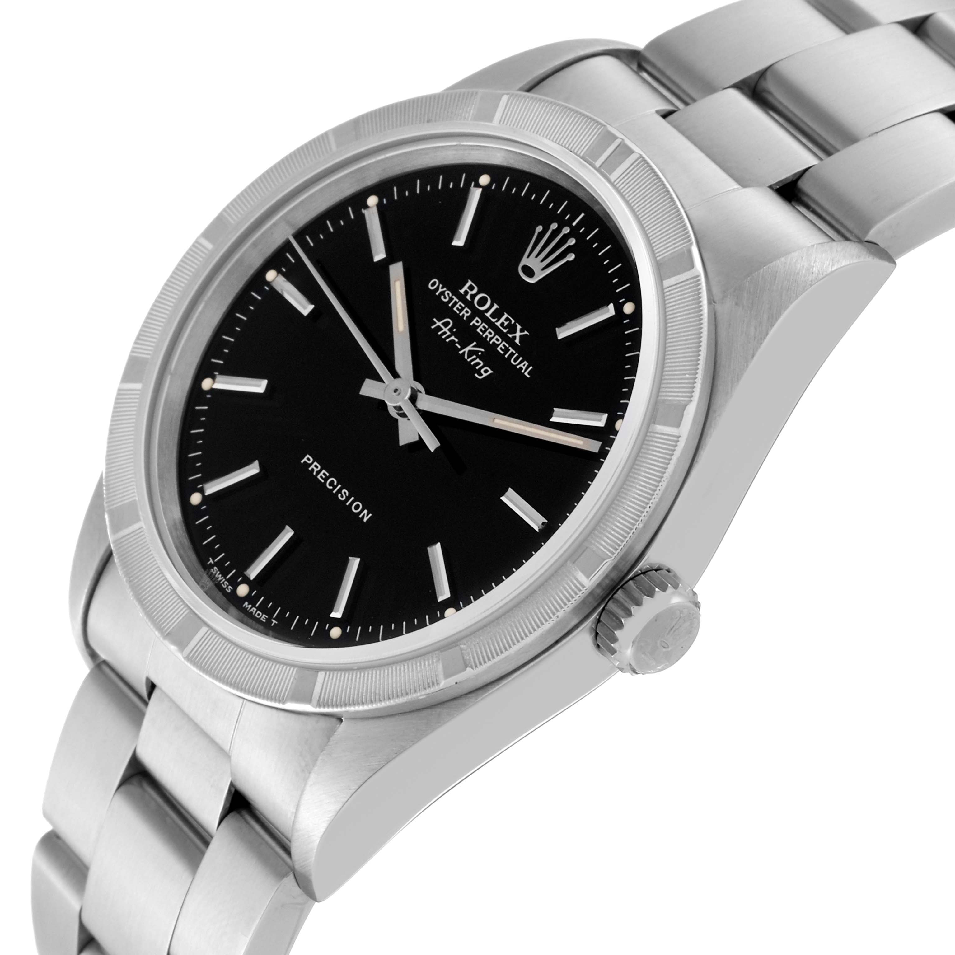 The image shows a side angle of the Rolex Air-King 14010 Men's Stainless Steel Black Dial 14010 Men's Stainless Steel Black Dial watch, displaying its black dial, crown, and part of the bracelet.