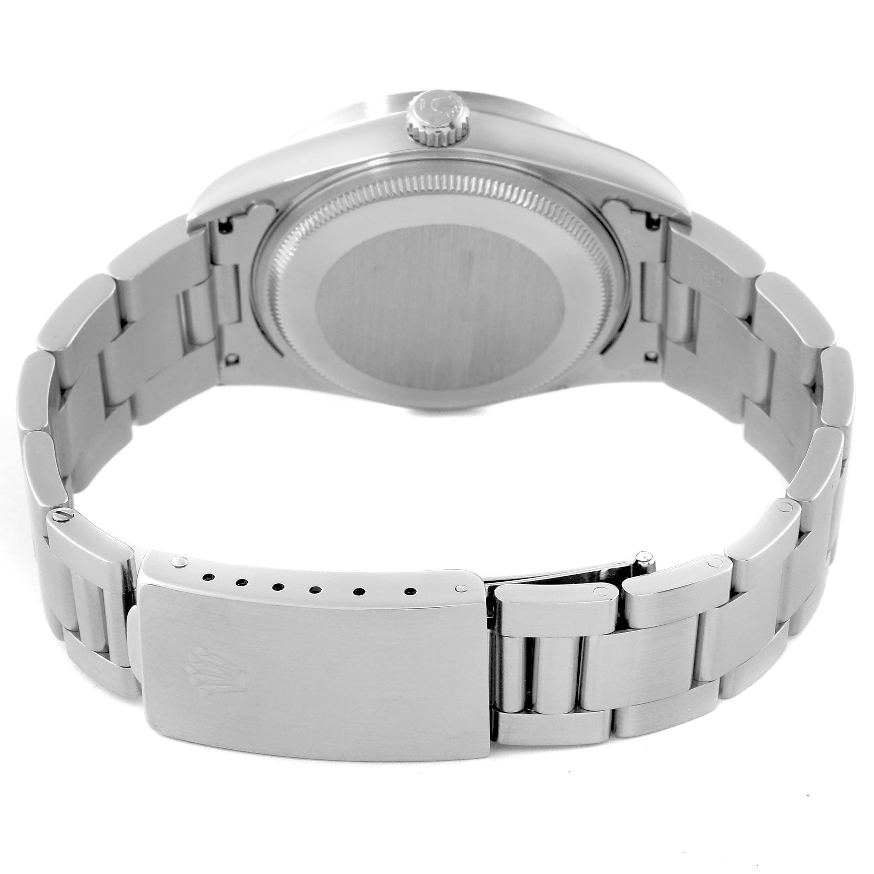 The image shows the back of a Rolex Air-King 14010 Men's Stainless Steel Black Dial 14010 Men's Stainless Steel Black Dial watch, highlighting the case back, bracelet, and clasp.