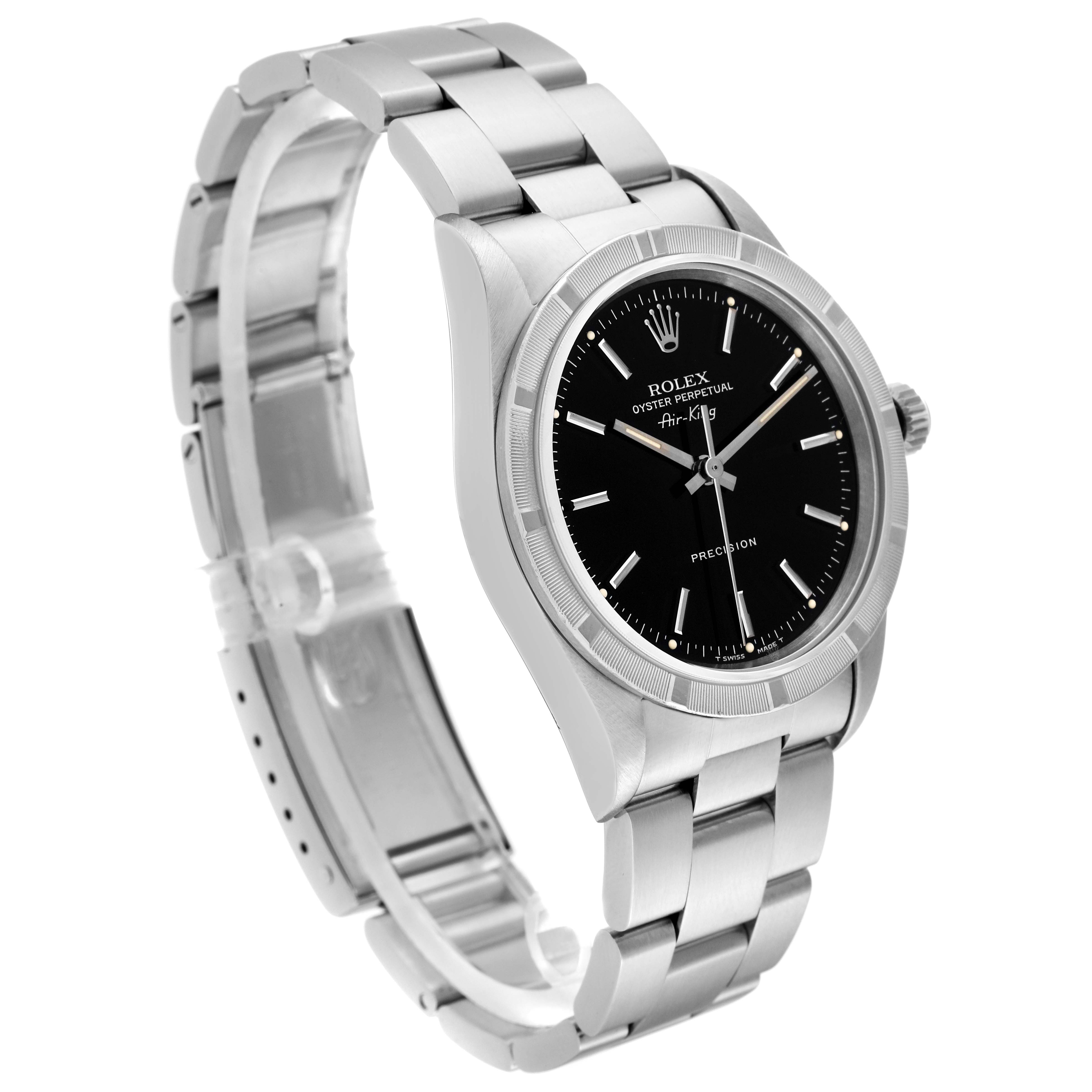 The Rolex Air-King 14010 Men's Stainless Steel Black Dial 14010 Men's Stainless Steel Black Dial watch is shown from a three-quarter angle, displaying the dial, bezel, and bracelet.