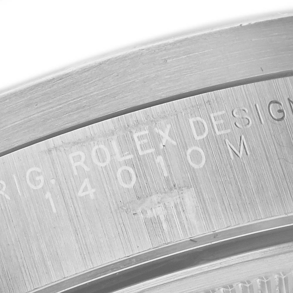 This is a close-up of the case back engraving on a Rolex Air-King 14010 Men's Stainless Steel Black Dial 14010 Men's Stainless Steel Black Dial watch.