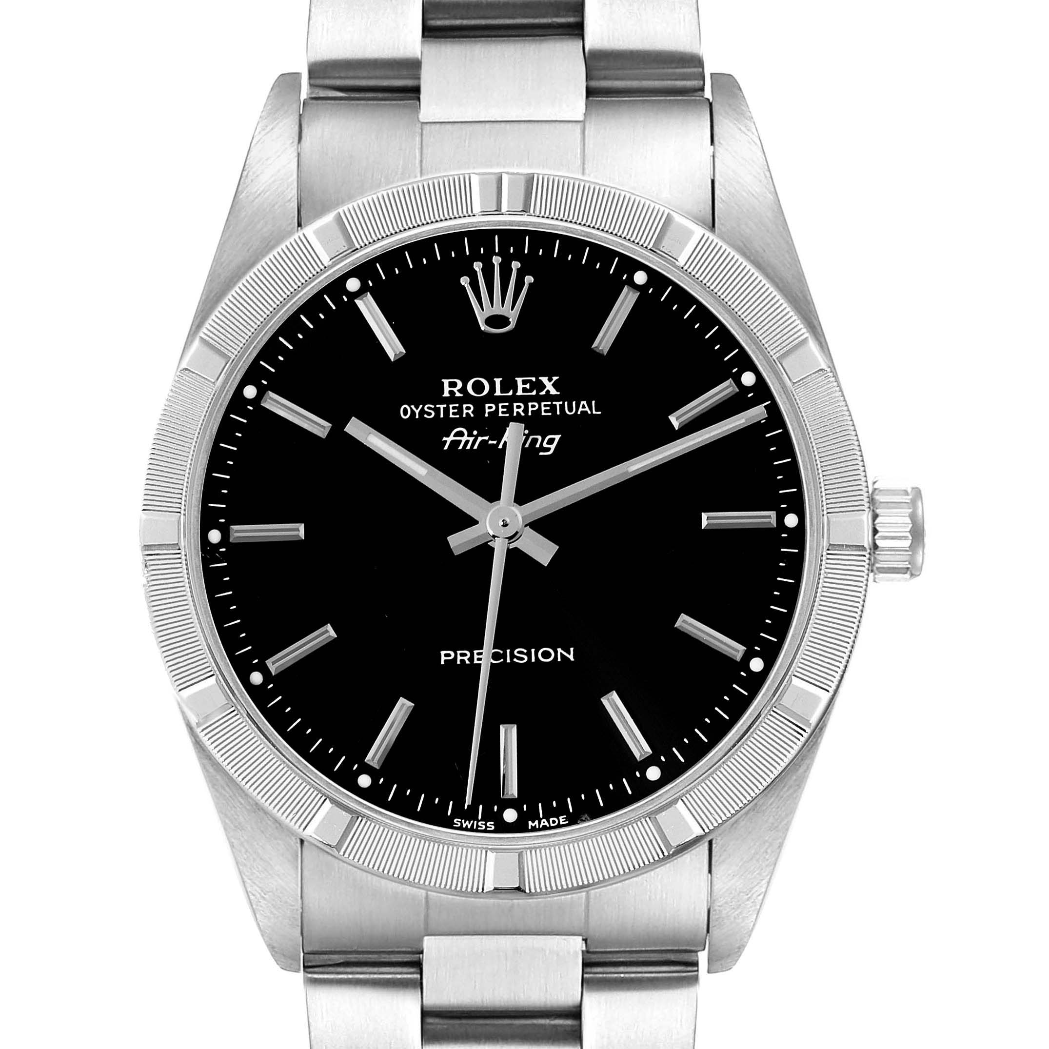 This image shows a front view of a Rolex Air-King 14010 Men's Stainless Steel Black Dial 14010 Men's Stainless Steel Black Dial watch, highlighting its black dial, silver markers, and stainless steel bracelet.