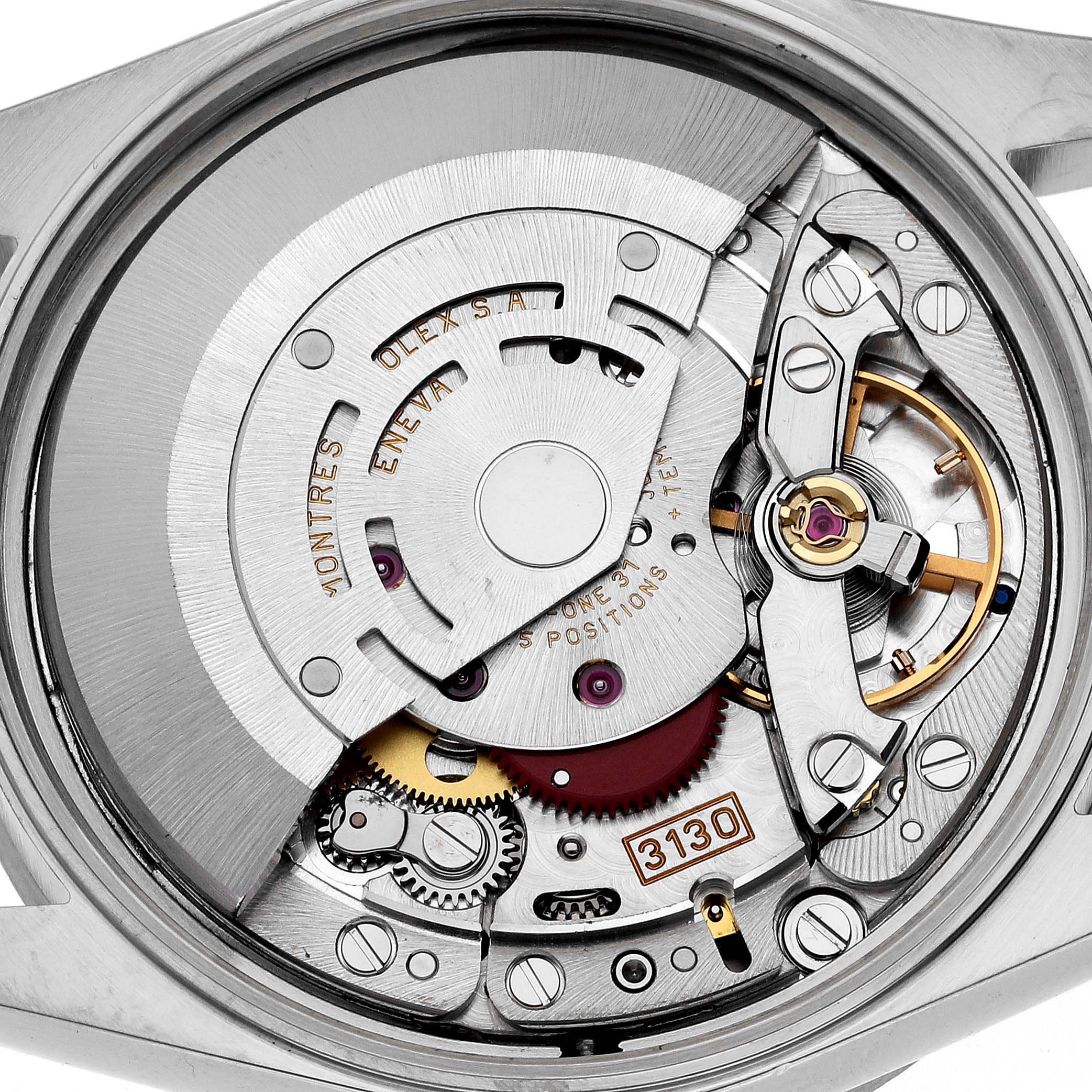 The image shows the internal mechanical components of a Rolex Air-King 14010 Men's Stainless Steel Black Dial 14010 Men's Stainless Steel Black Dial watch from a close-up, top-down perspective.