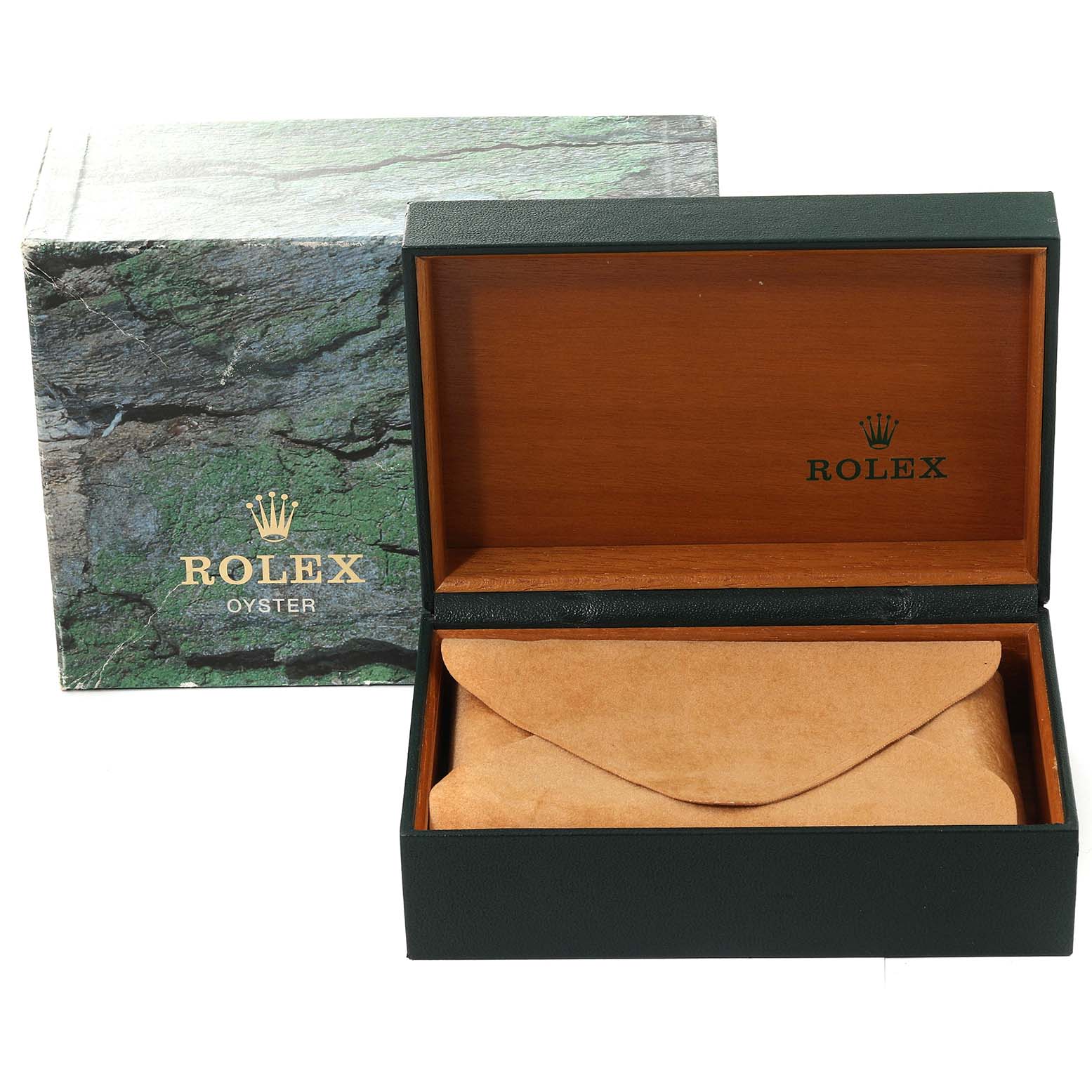 The image shows a Rolex Air-King 14010 Men's Stainless Steel Black Dial 14010 Men's Stainless Steel Black Dial watch box, with the box open to reveal a leather pouch inside.