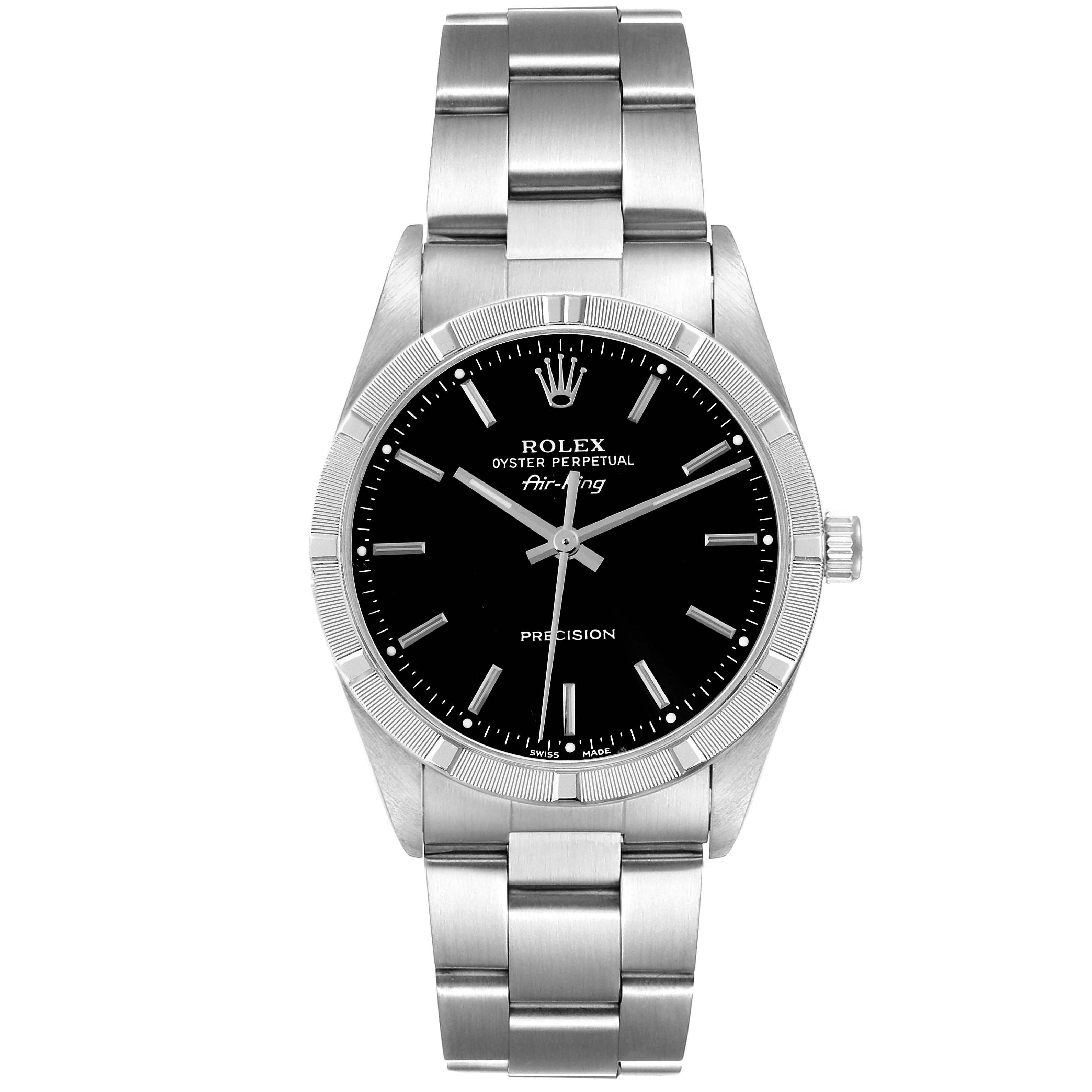 This image depicts a front view of a Rolex Air-King 14010 Men's Stainless Steel Black Dial 14010 Men's Stainless Steel Black Dial watch, showcasing its black dial, silver bracelet, and bezel.