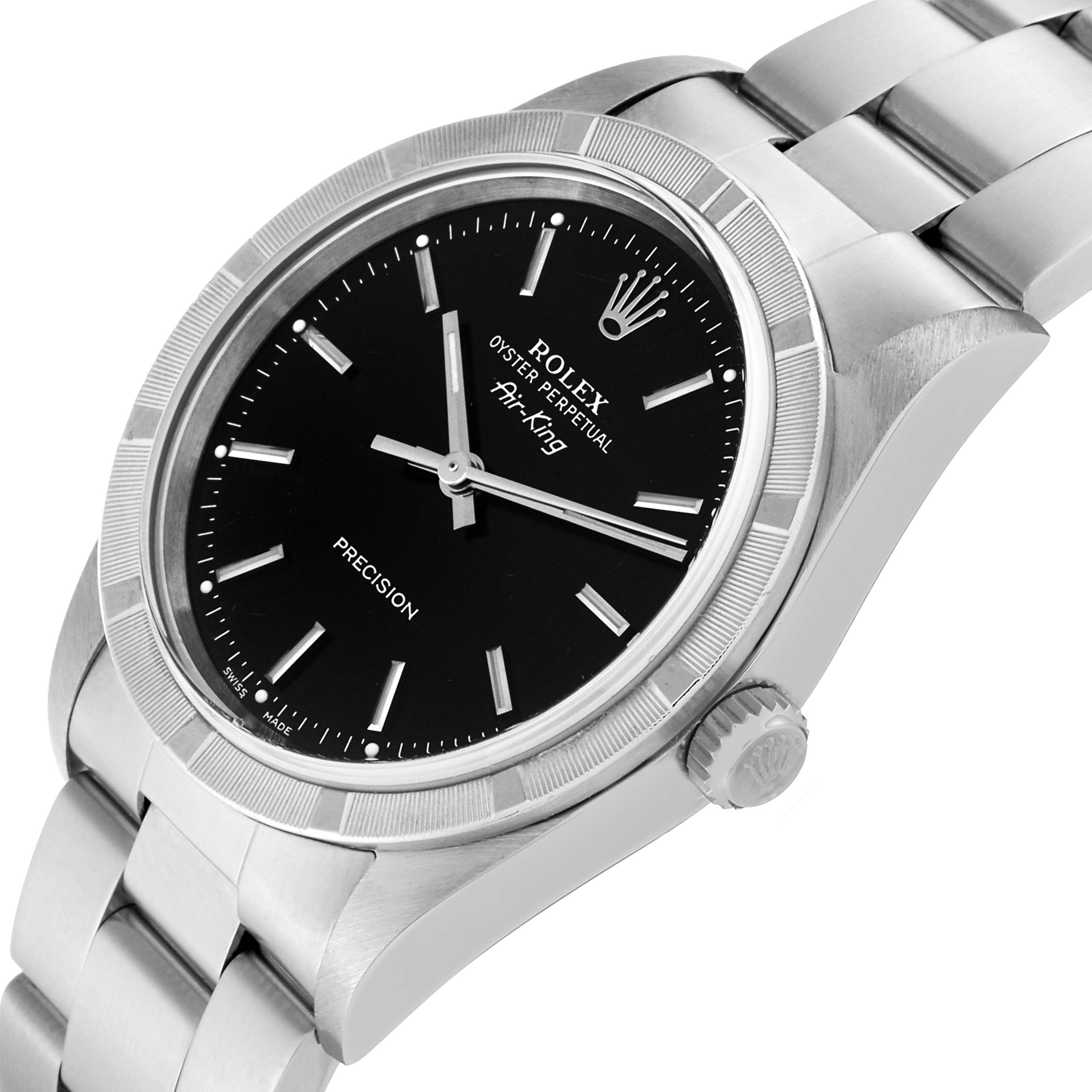 The image shows a Rolex Air-King 14010 Men's Stainless Steel Black Dial 14010 Men's Stainless Steel Black Dial watch from an angled top perspective, highlighting the black dial, silver hour markers, and stainless steel bracelet.