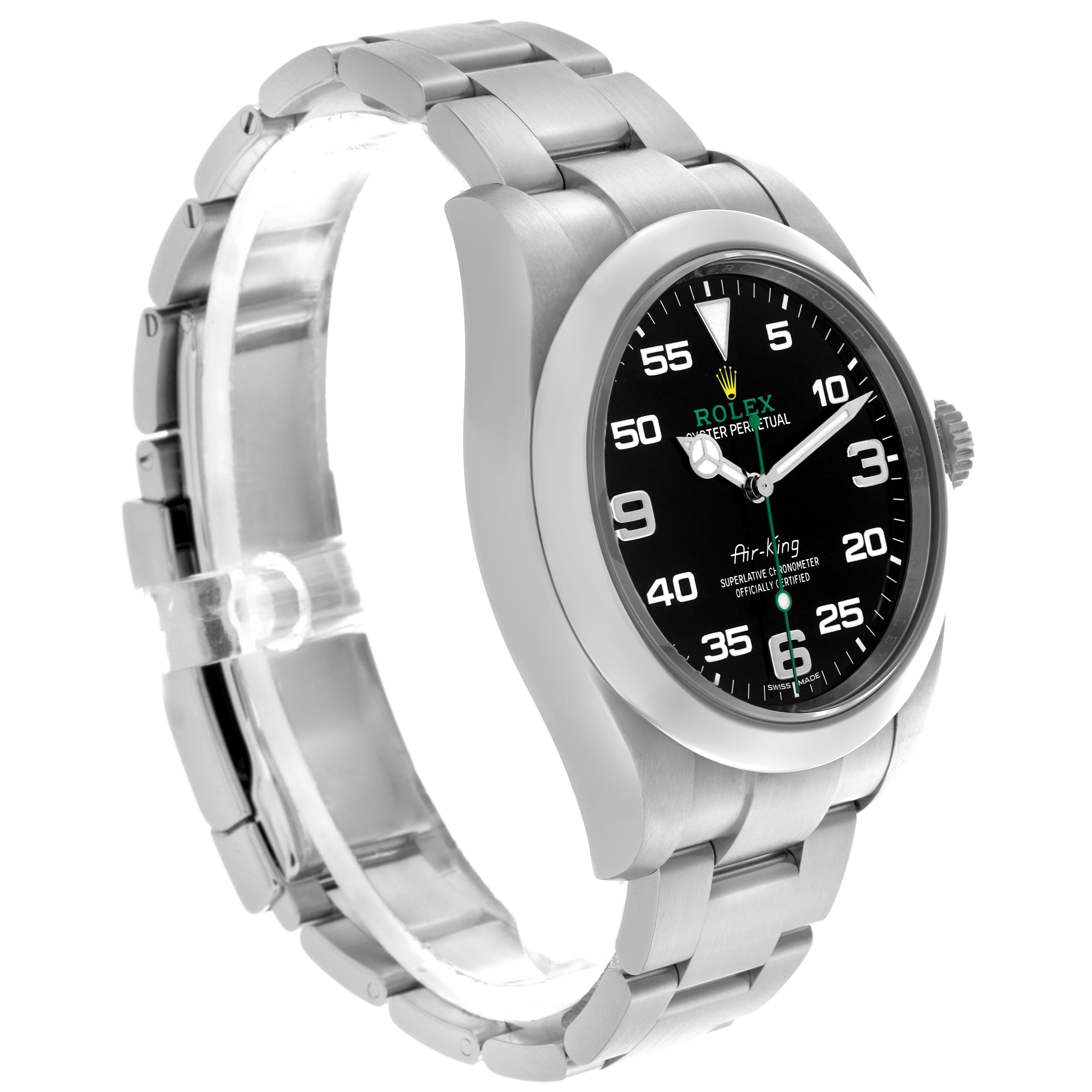 The Rolex Air-King 116900 Men's Stainless Steel Black Dial 116900 Men's Stainless Steel Black Dial watch is shown at a three-quarter angle displaying the face, bezel, case, and bracelet.