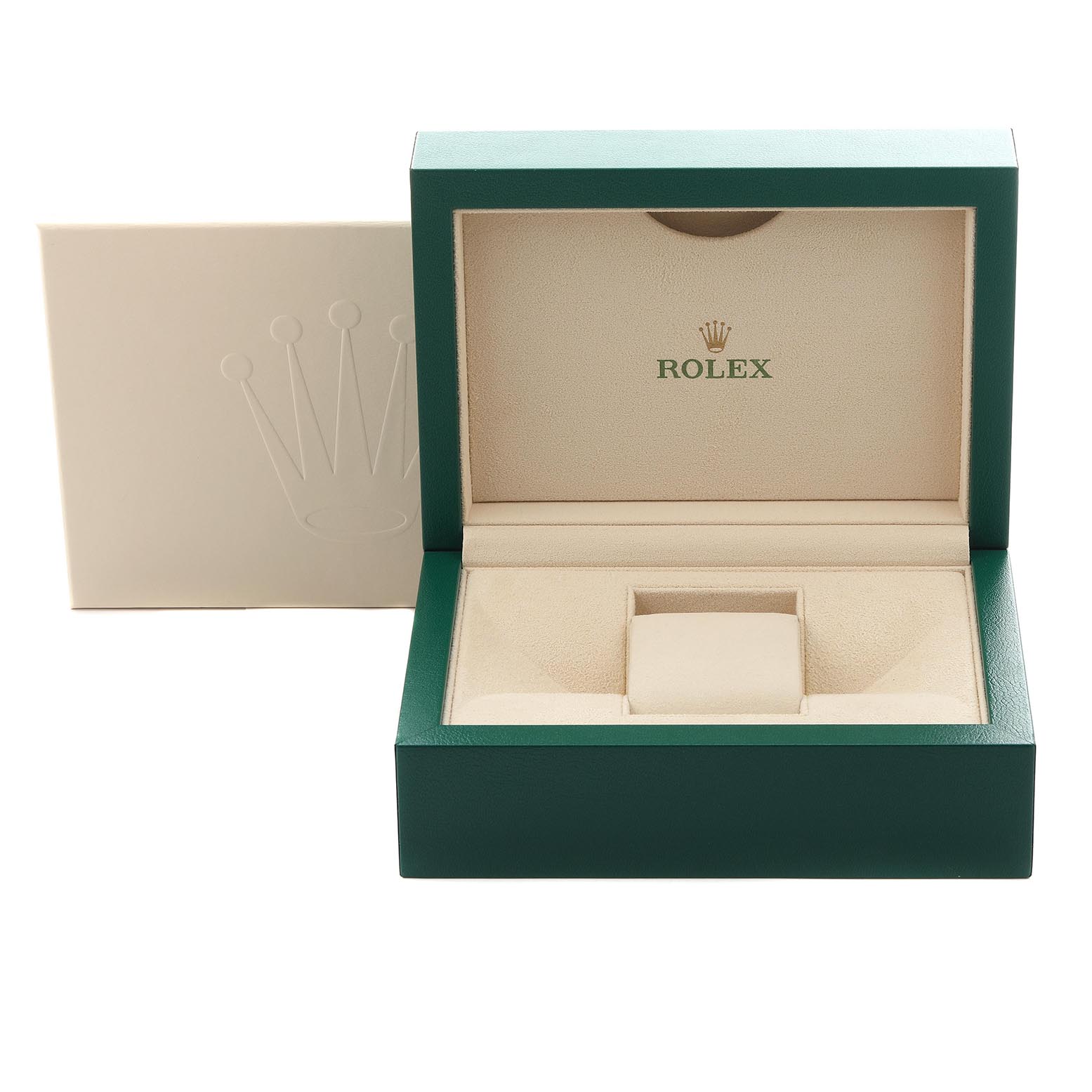 The image shows an open Rolex Air-King 116900 Men's Stainless Steel Black Dial 116900 Men's Stainless Steel Black Dial watch box from a front angle, revealing the interior compartment and branding.