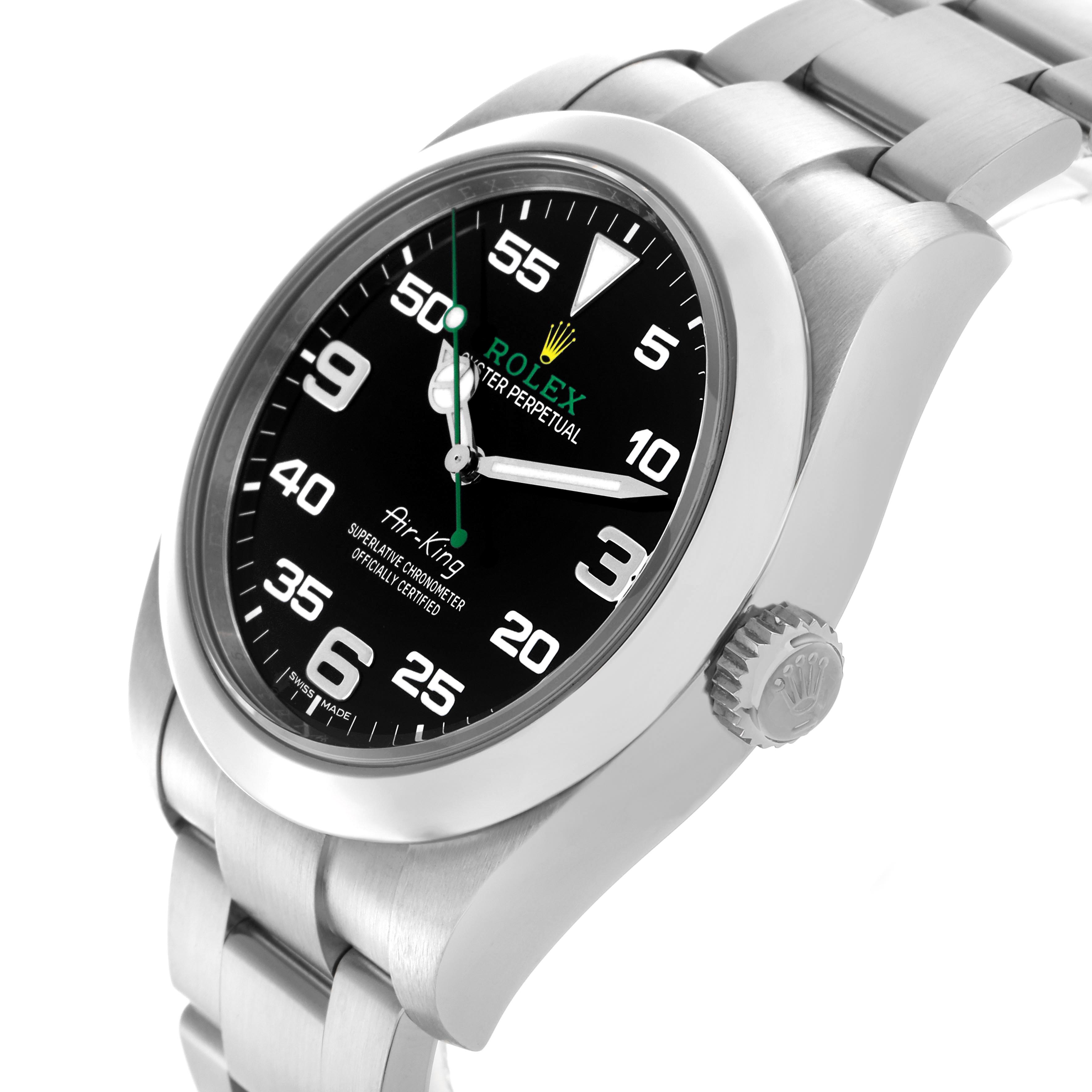 The Rolex Air-King 116900 Men's Stainless Steel Black Dial 116900 Men's Stainless Steel Black Dial watch is shown at a slight angle, displaying the face, bezel, crown, and part of the bracelet.