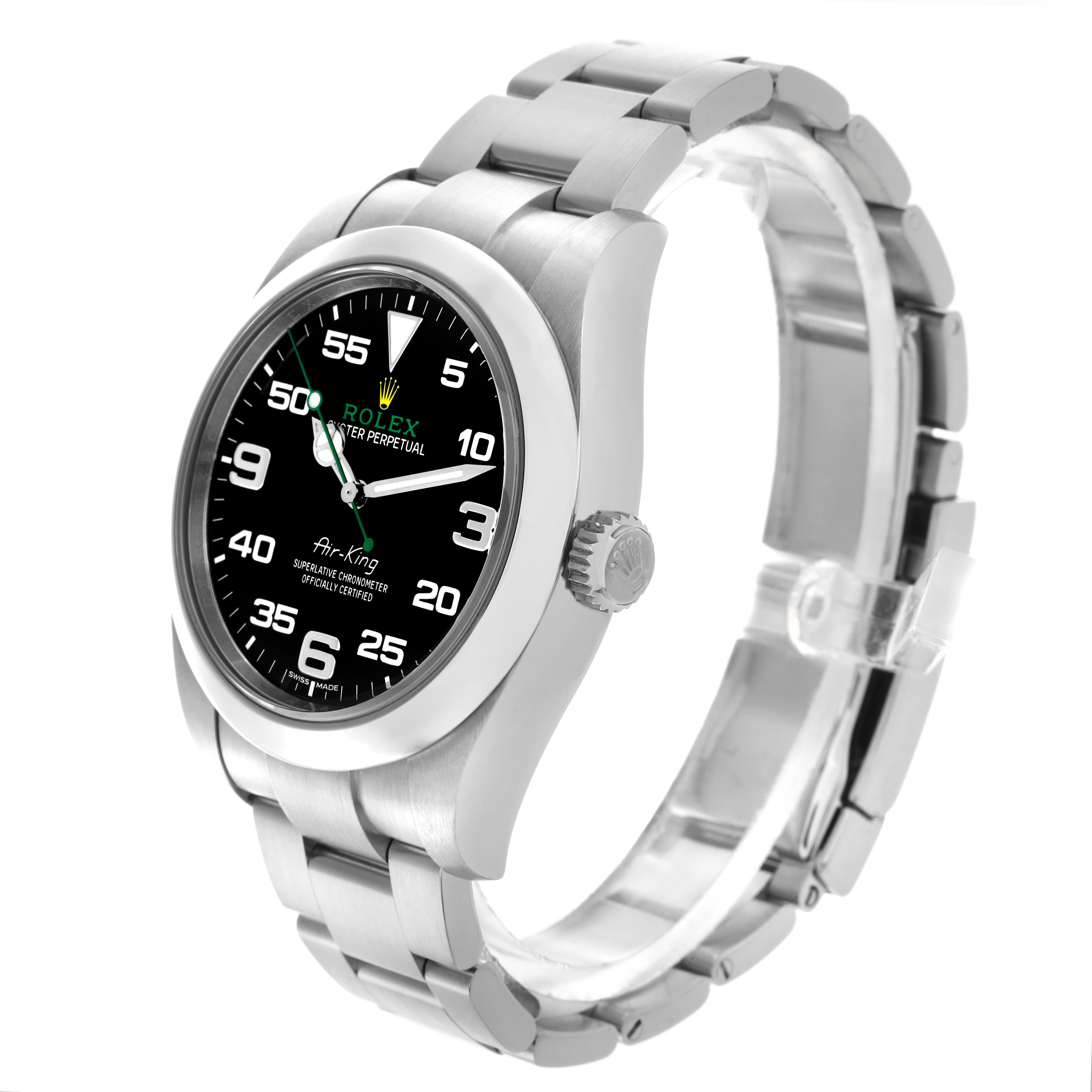 The Rolex Air-King 116900 Men's Stainless Steel Black Dial 116900 Men's Stainless Steel Black Dial watch is shown at a three-quarter angle, revealing the face, bezel, crown, and part of the bracelet.