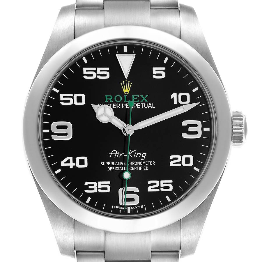 The Rolex Air-King watch is shown in a front view, highlighting the dial, hour markers, hands, and bracelet.