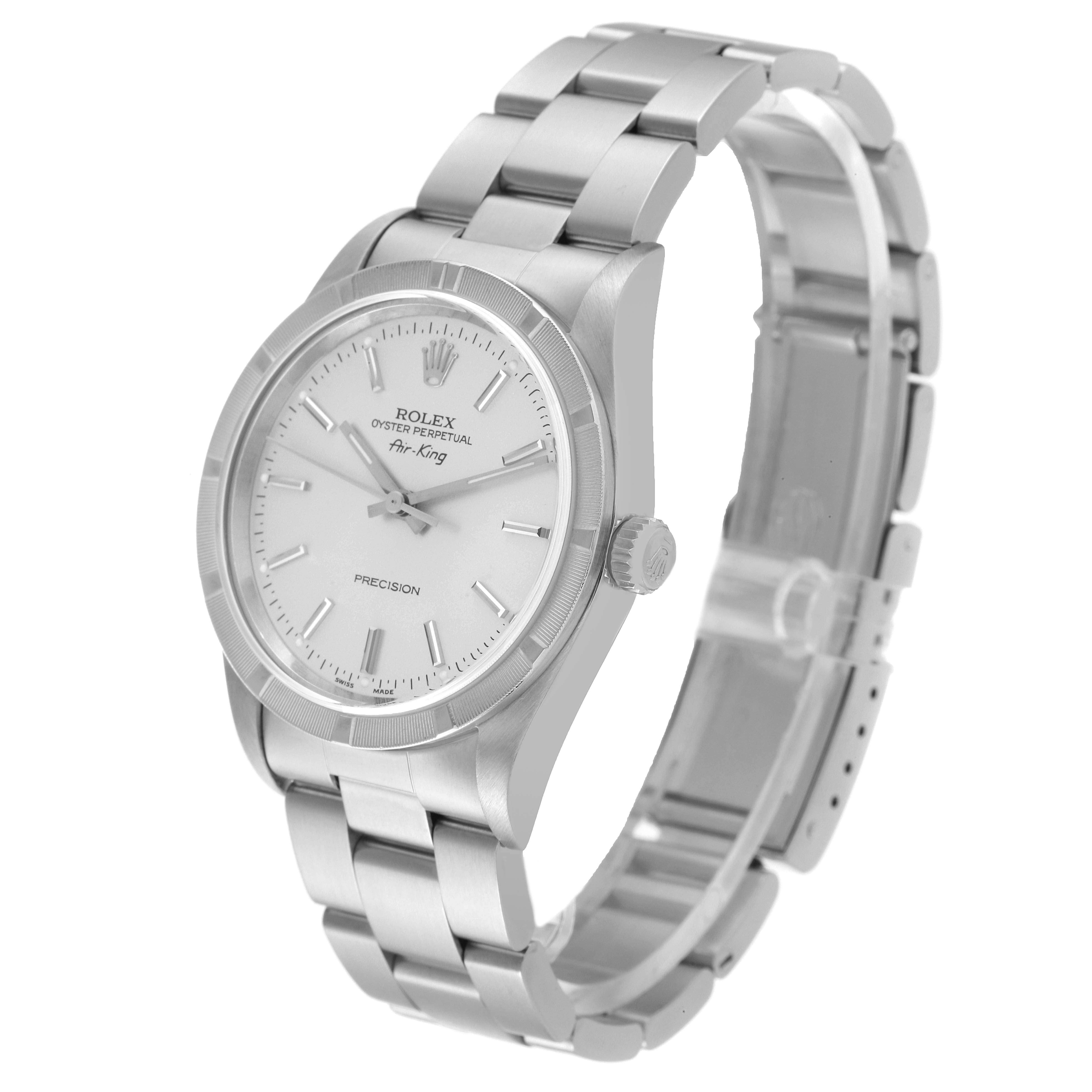 The image shows a Rolex Air-King 14010 Men's Stainless Steel Silver Dial 14010 Men's Stainless Steel Silver Dial watch angled to display the dial, bezel, crown, and stainless steel bracelet.
