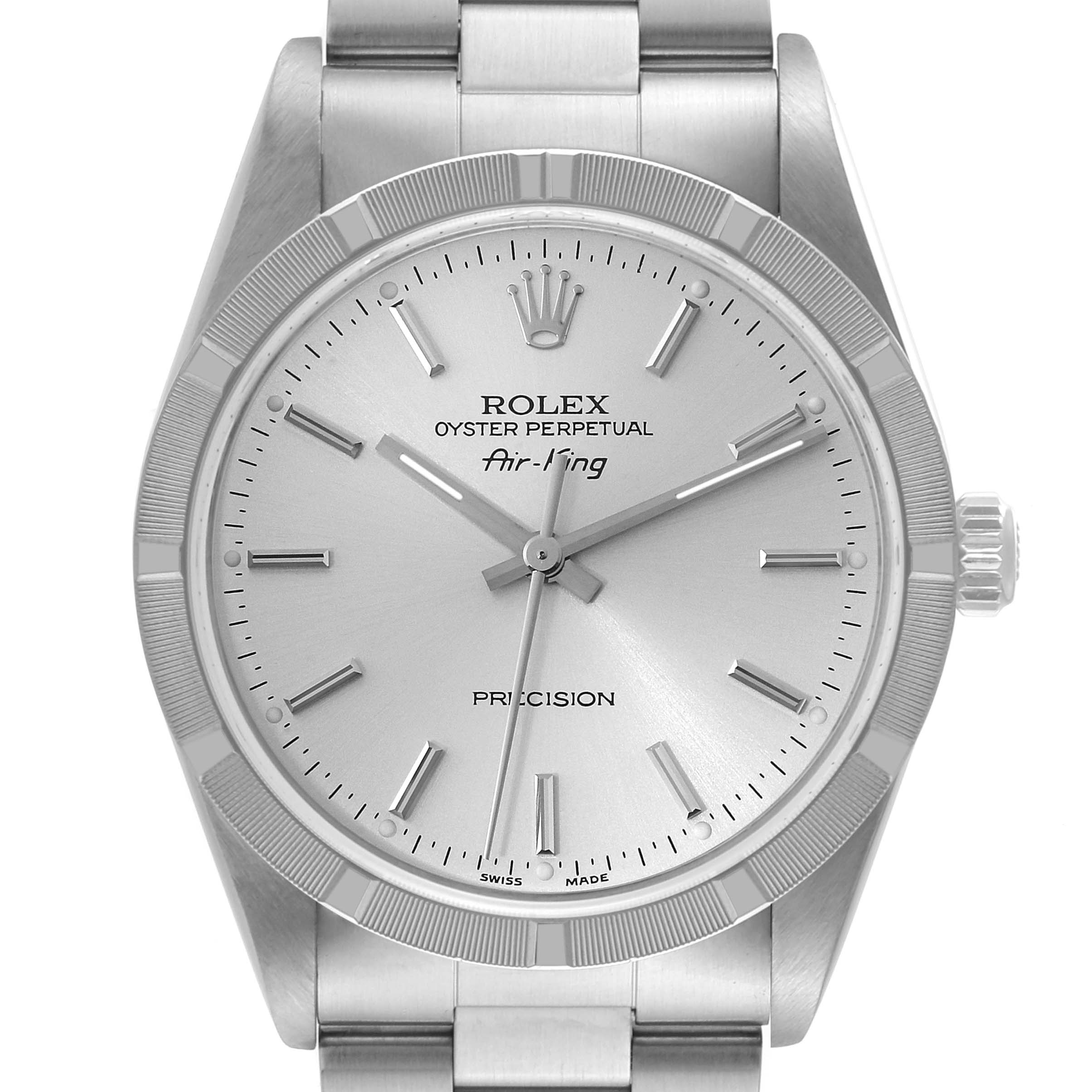 The image shows a front view of the Rolex Air-King 14010 Men's Stainless Steel Silver Dial 14010 Men's Stainless Steel Silver Dial watch, focusing on the dial, hands, and part of the bracelet.