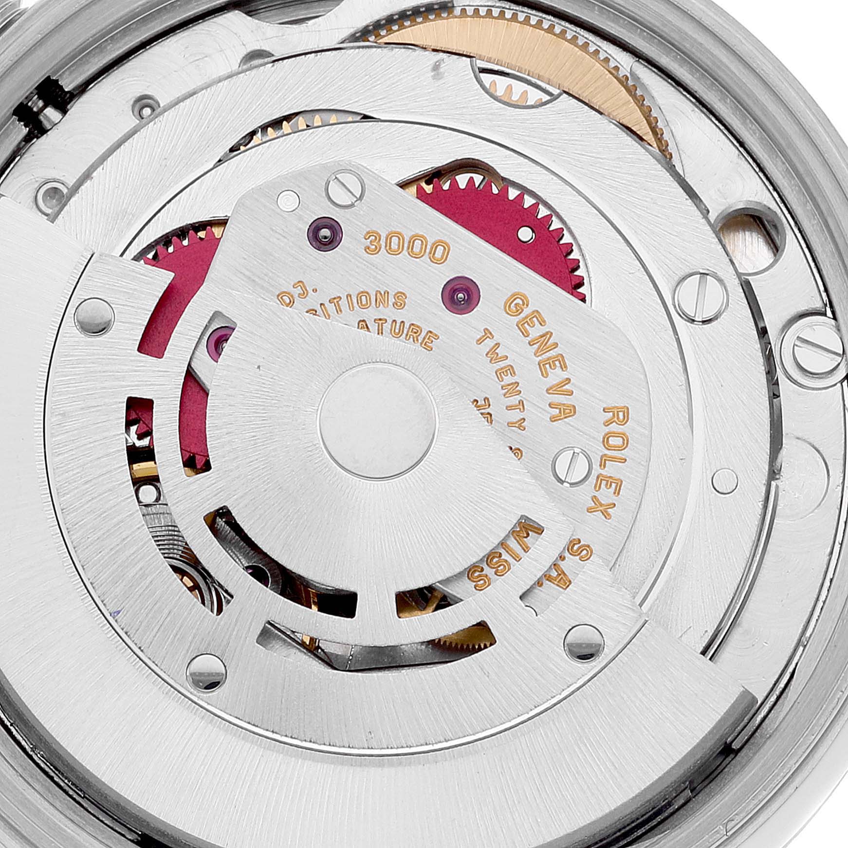 This close-up shows the intricate internal mechanism of the Rolex Air-King 14010 Men's Stainless Steel Silver Dial 14010 Men's Stainless Steel Silver Dial watch, revealing gears and detailed engravings.