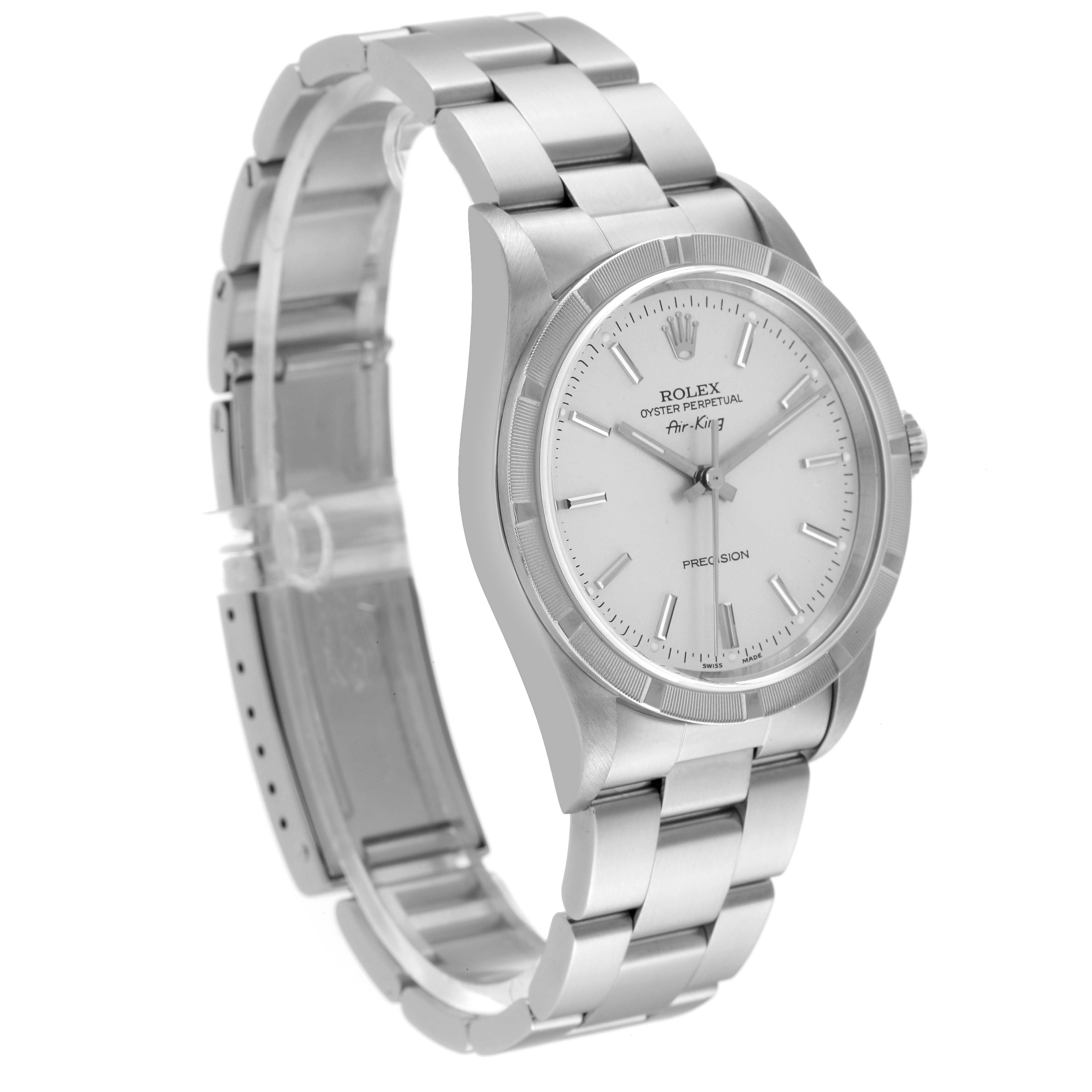 The Rolex Air-King 14010 Men's Stainless Steel Silver Dial 14010 Men's Stainless Steel Silver Dial watch is shown at a side angle, highlighting the face, bezel, and stainless steel bracelet.