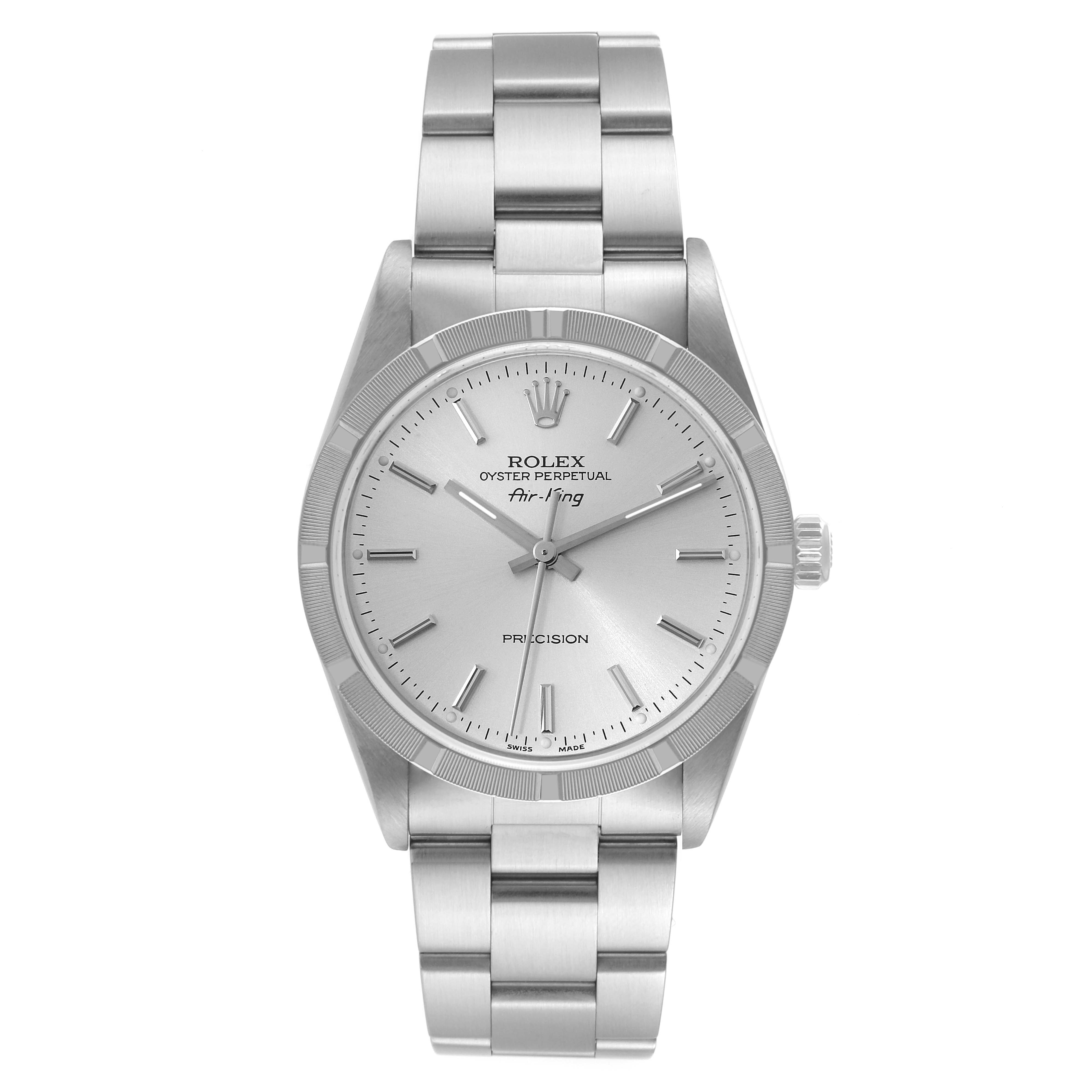 The Rolex Air-King 14010 Men's Stainless Steel Silver Dial 14010 Men's Stainless Steel Silver Dial watch is shown from the front, featuring its dial, bezel, case, and bracelet.
