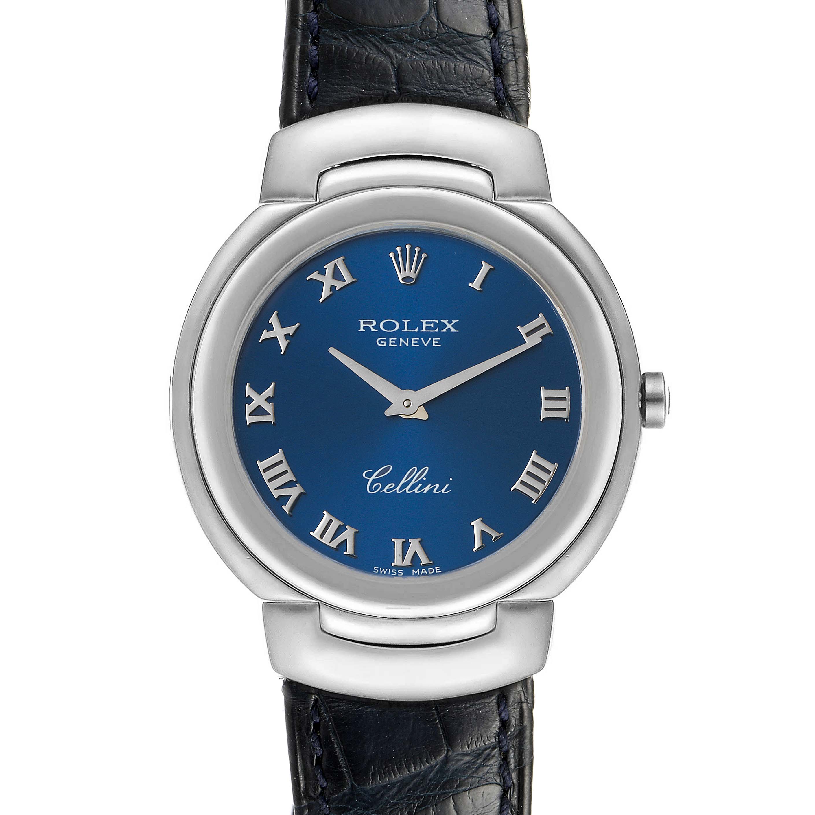 The image shows a frontal view of a Rolex Cellini 6622 Women's White Gold Blue Dial 6622 Women's White Gold Blue Dial watch, featuring a blue dial, Roman numerals, and a leather strap.