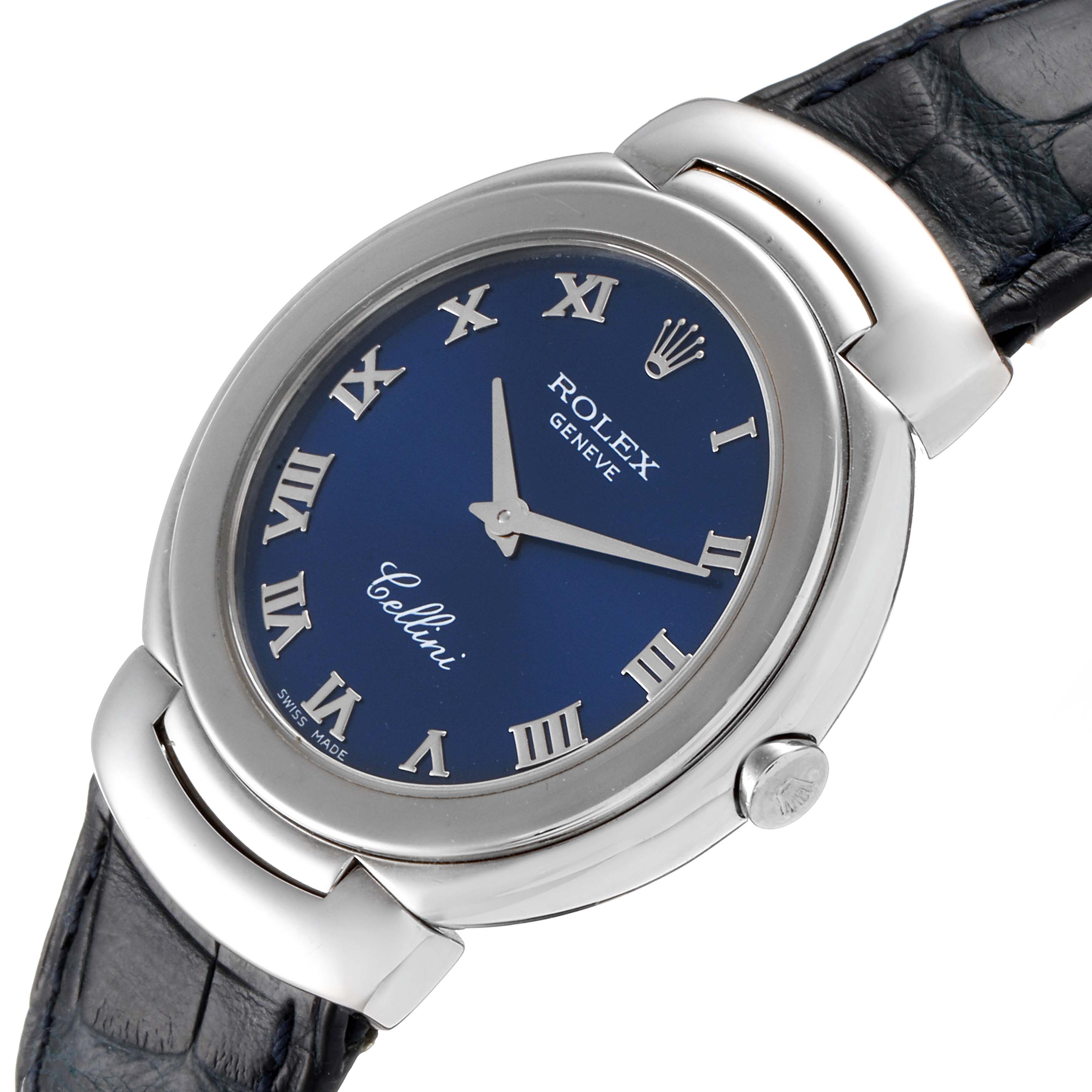 The image shows a Rolex Cellini 6622 Women's White Gold Blue Dial 6622 Women's White Gold Blue Dial watch from an angled top view, highlighting the dial, case, and part of the leather strap.