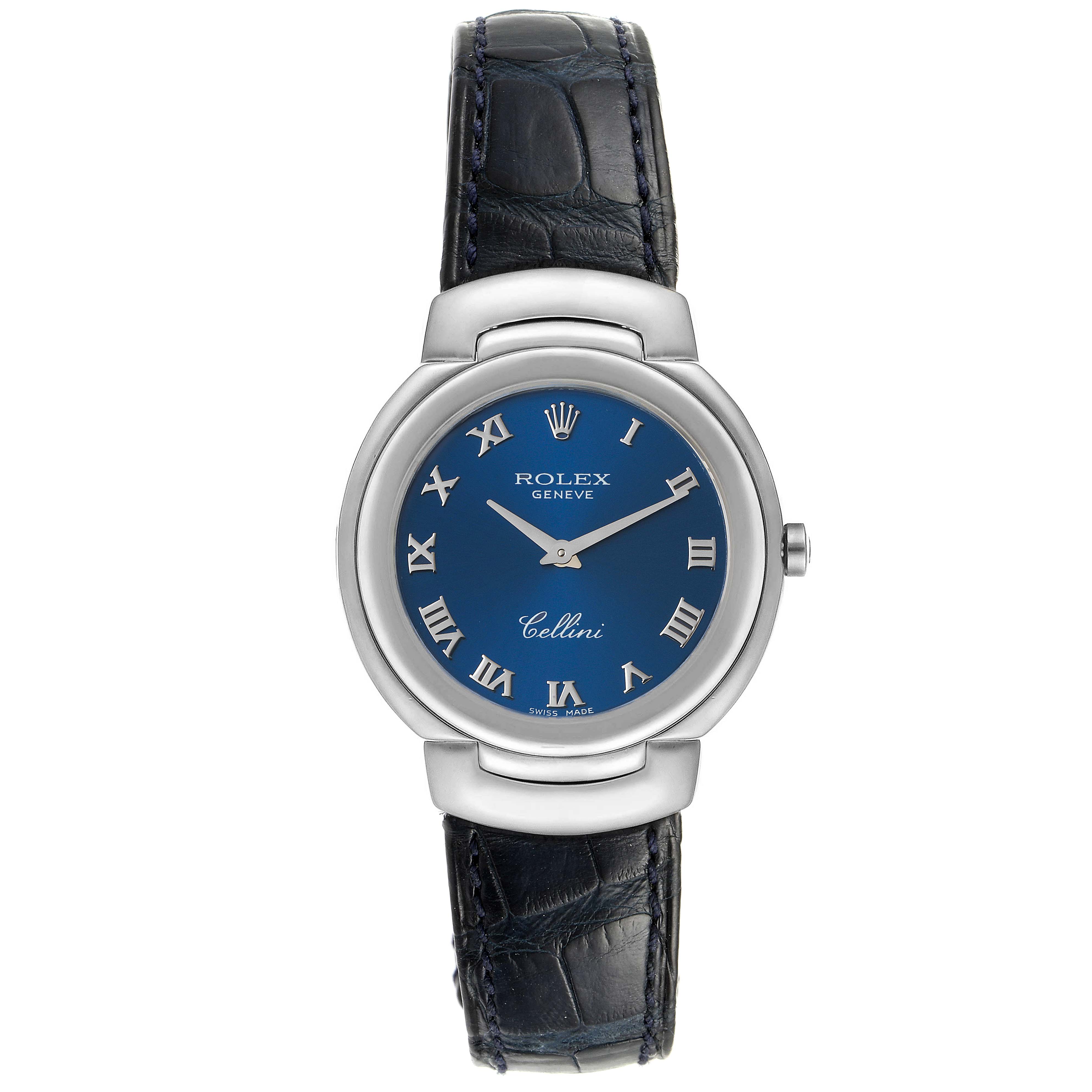 The image shows a front view of the Rolex Cellini 6622 Women's White Gold Blue Dial 6622 Women's White Gold Blue Dial watch, highlighting its blue dial, Roman numerals, and black leather strap.