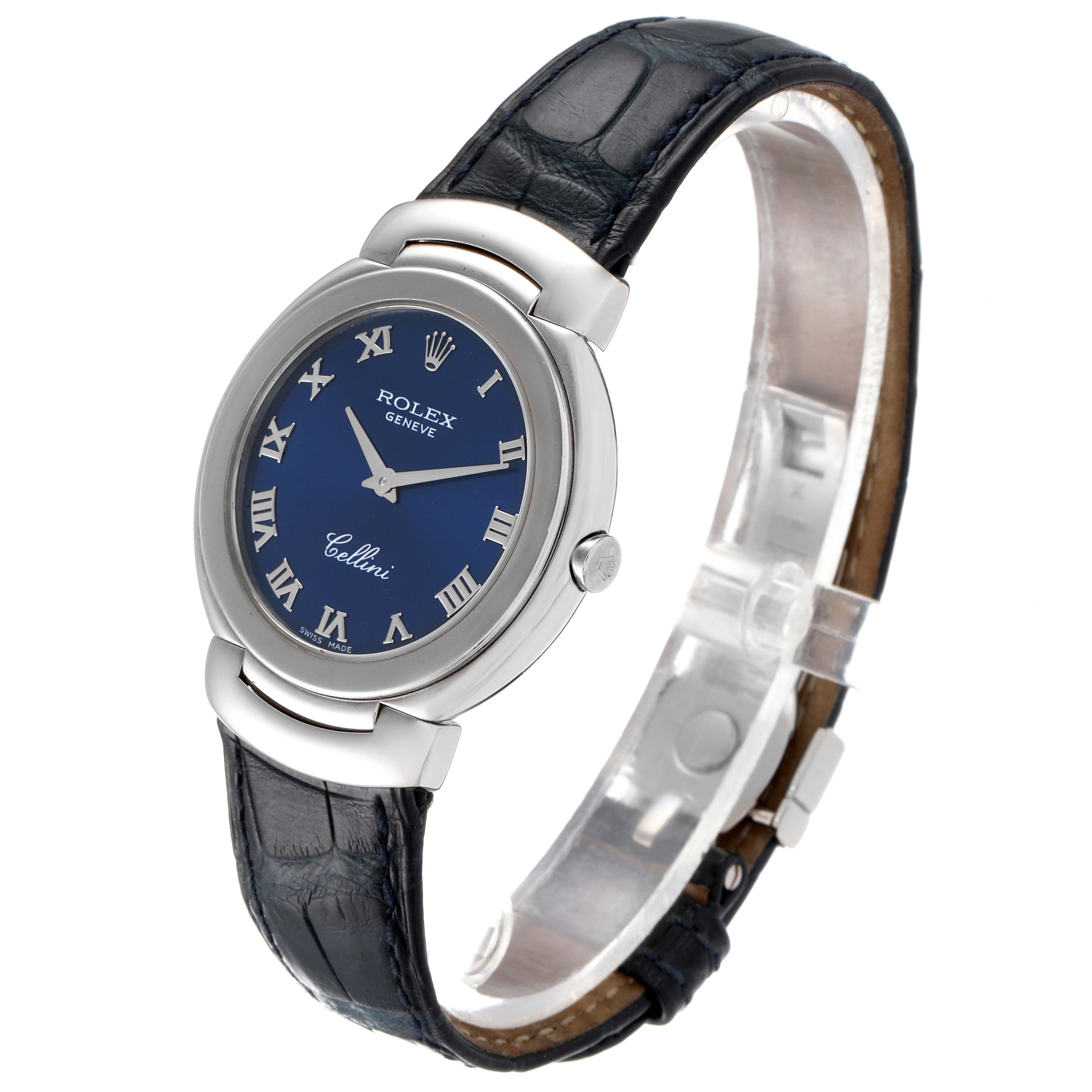 The Rolex Cellini 6622 Women's White Gold Blue Dial 6622 Women's White Gold Blue Dial watch is shown at a three-quarter angle, displaying its blue dial, Roman numerals, bezel, and leather strap.