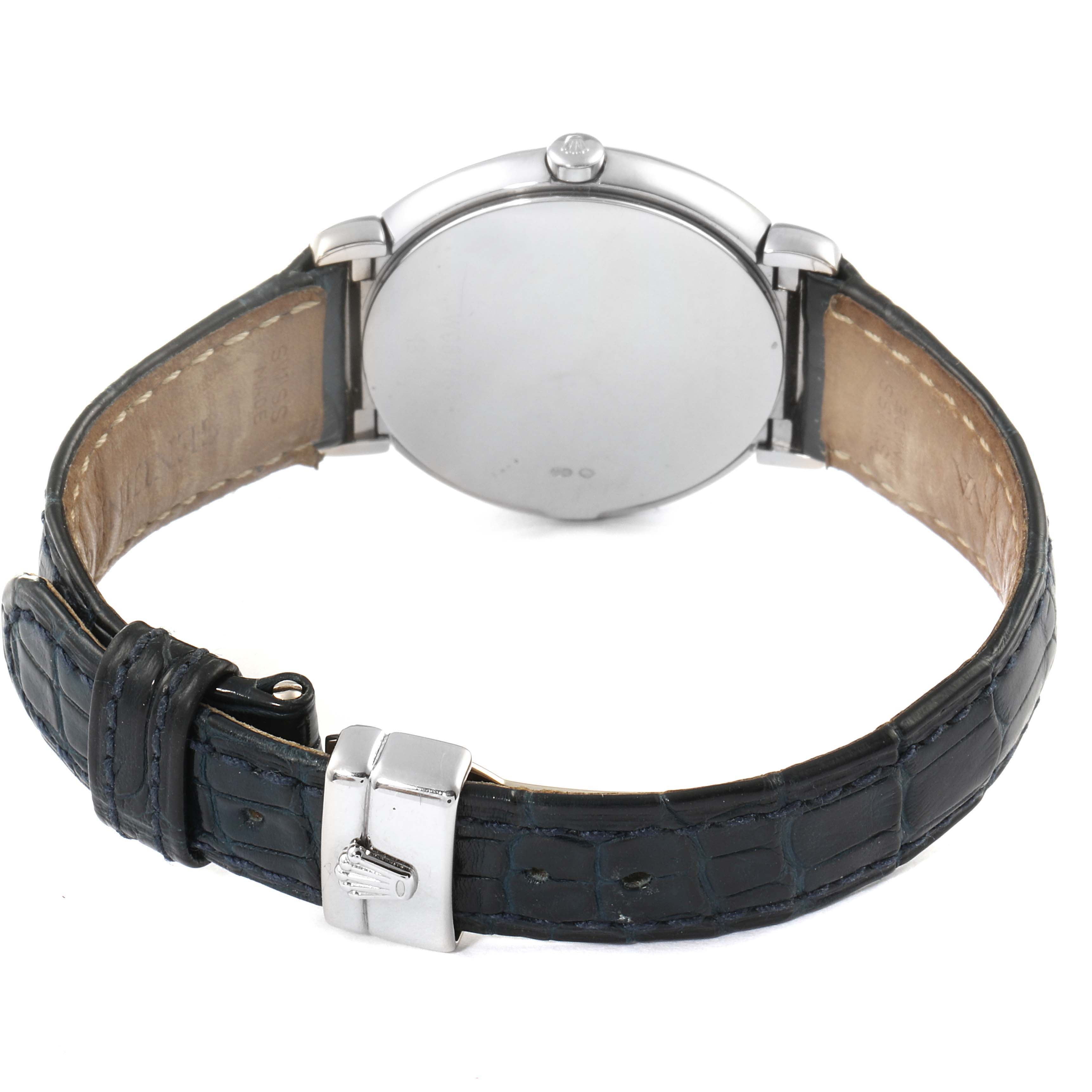 The image shows the back view of a Rolex Cellini 6622 Women's White Gold Blue Dial 6622 Women's White Gold Blue Dial watch, highlighting its leather strap and clasp.