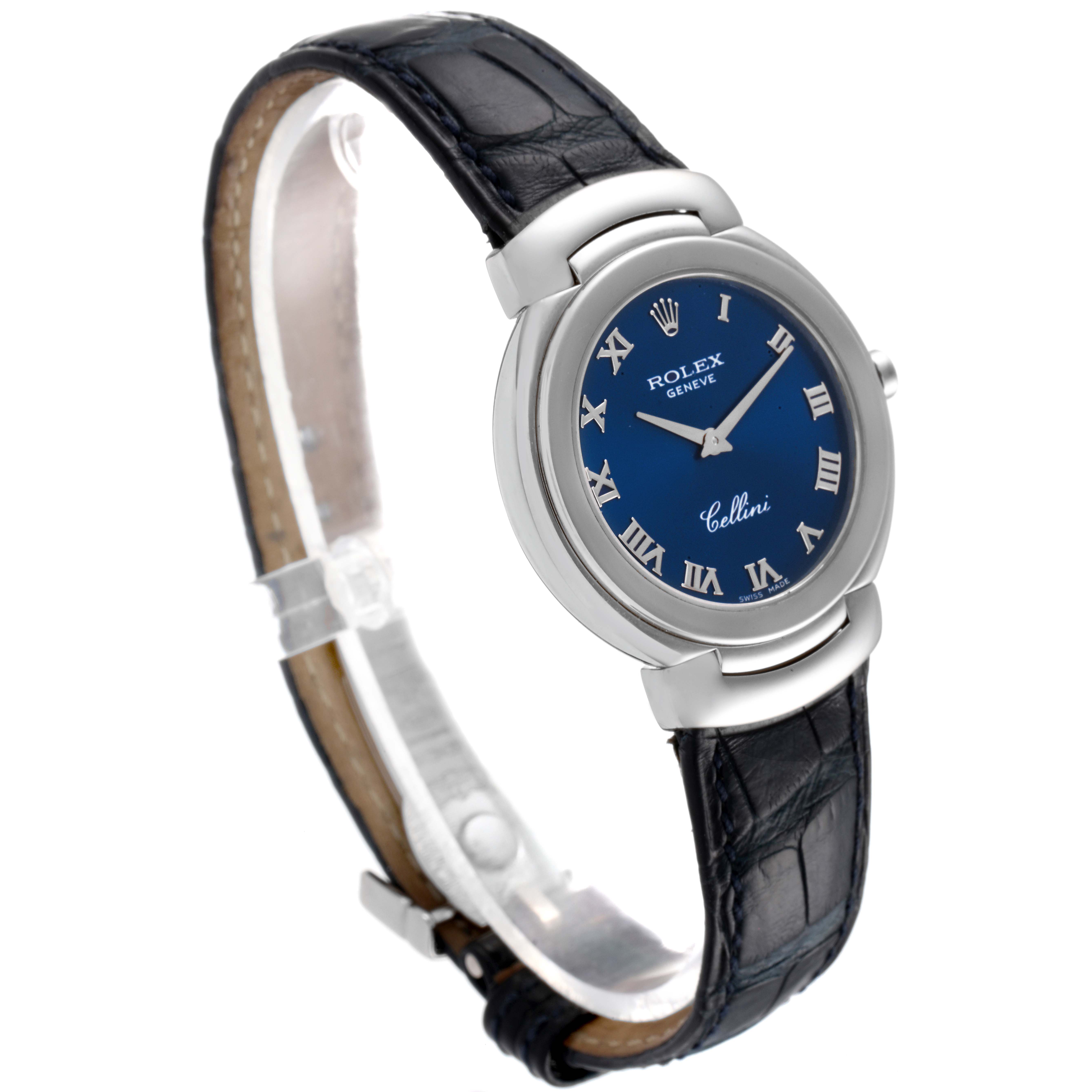 The Rolex Cellini 6622 Women's White Gold Blue Dial 6622 Women's White Gold Blue Dial watch is shown at a side angle, displaying its blue face, Roman numerals, and black leather strap.
