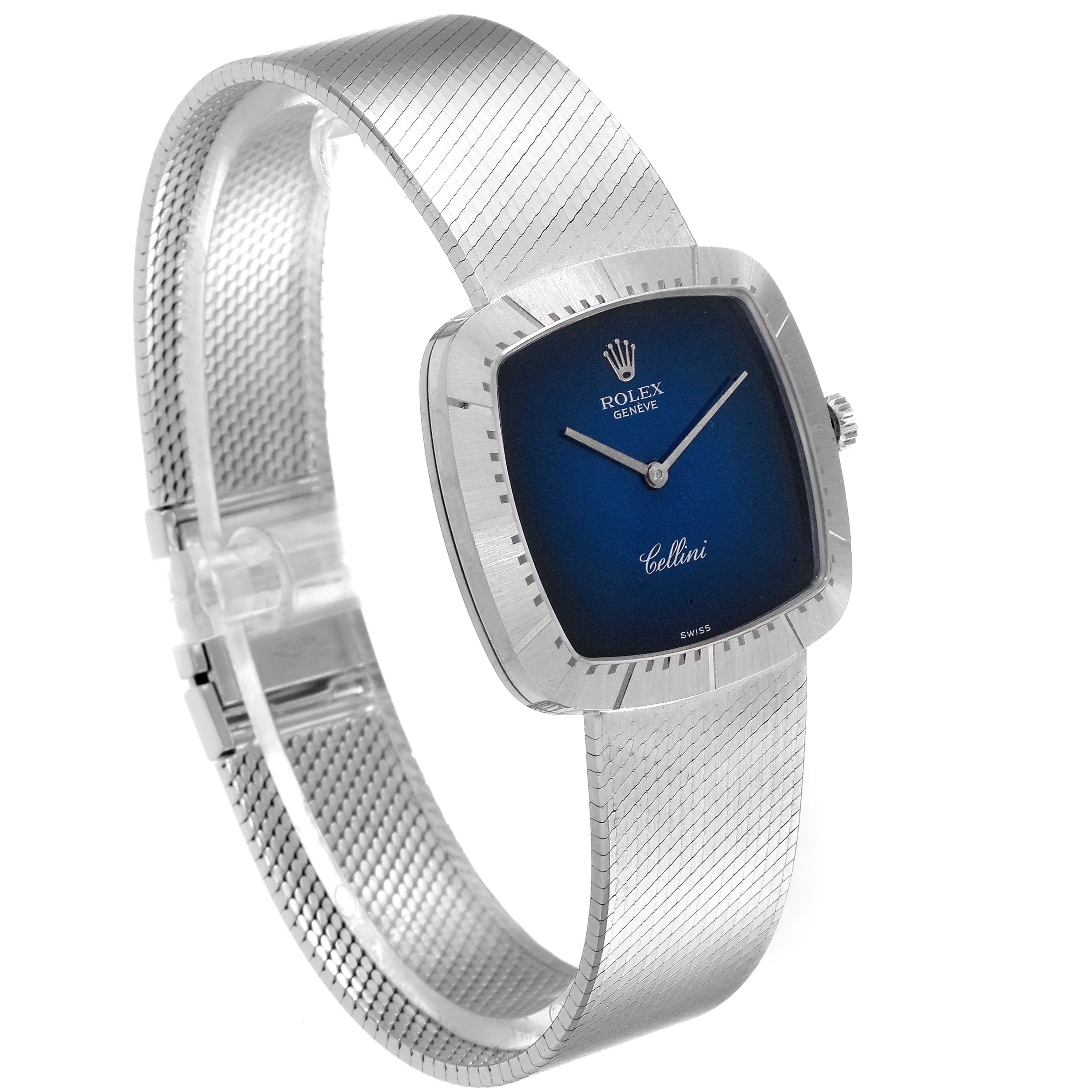 This image shows the Rolex Cellini 4320 Men
s White Gold White Dial 4320 Men
s White Gold White Dial watch at a front angle, highlighting its blue dial and silver mesh band.