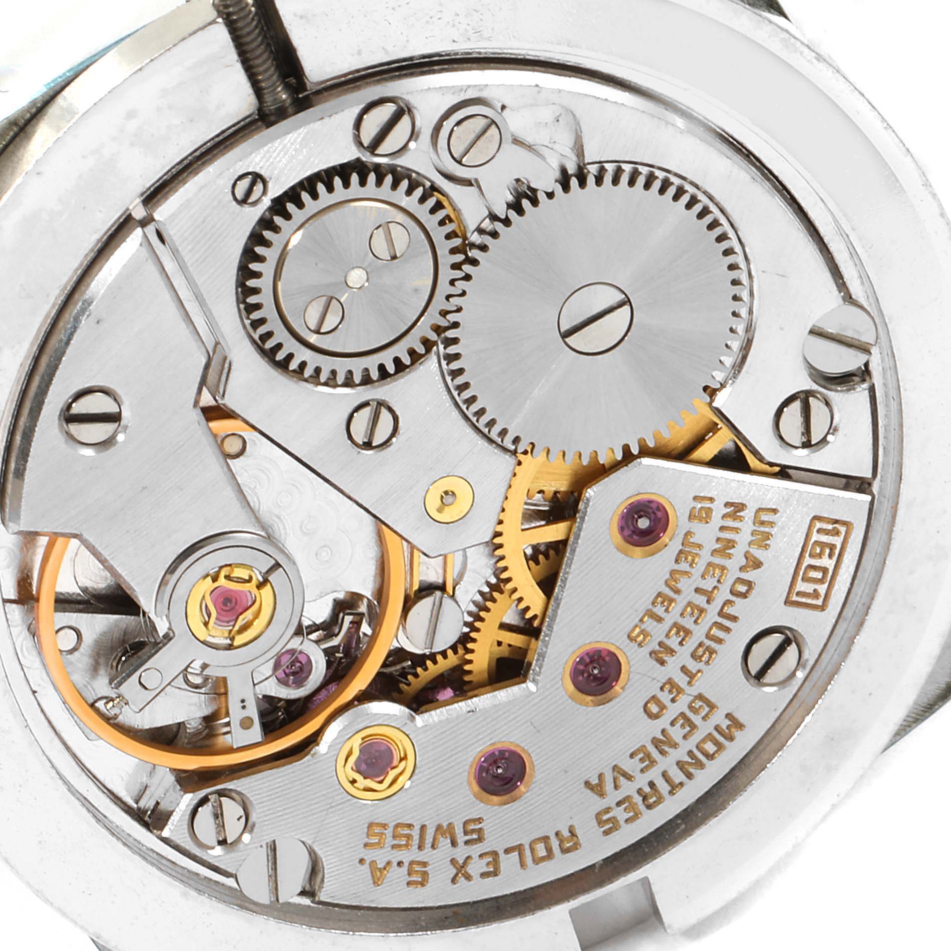This image shows the movement and inner mechanical parts of a Rolex Cellini 4320 Men
s White Gold White Dial 4320 Men
s White Gold White Dial watch from a close-up angle.