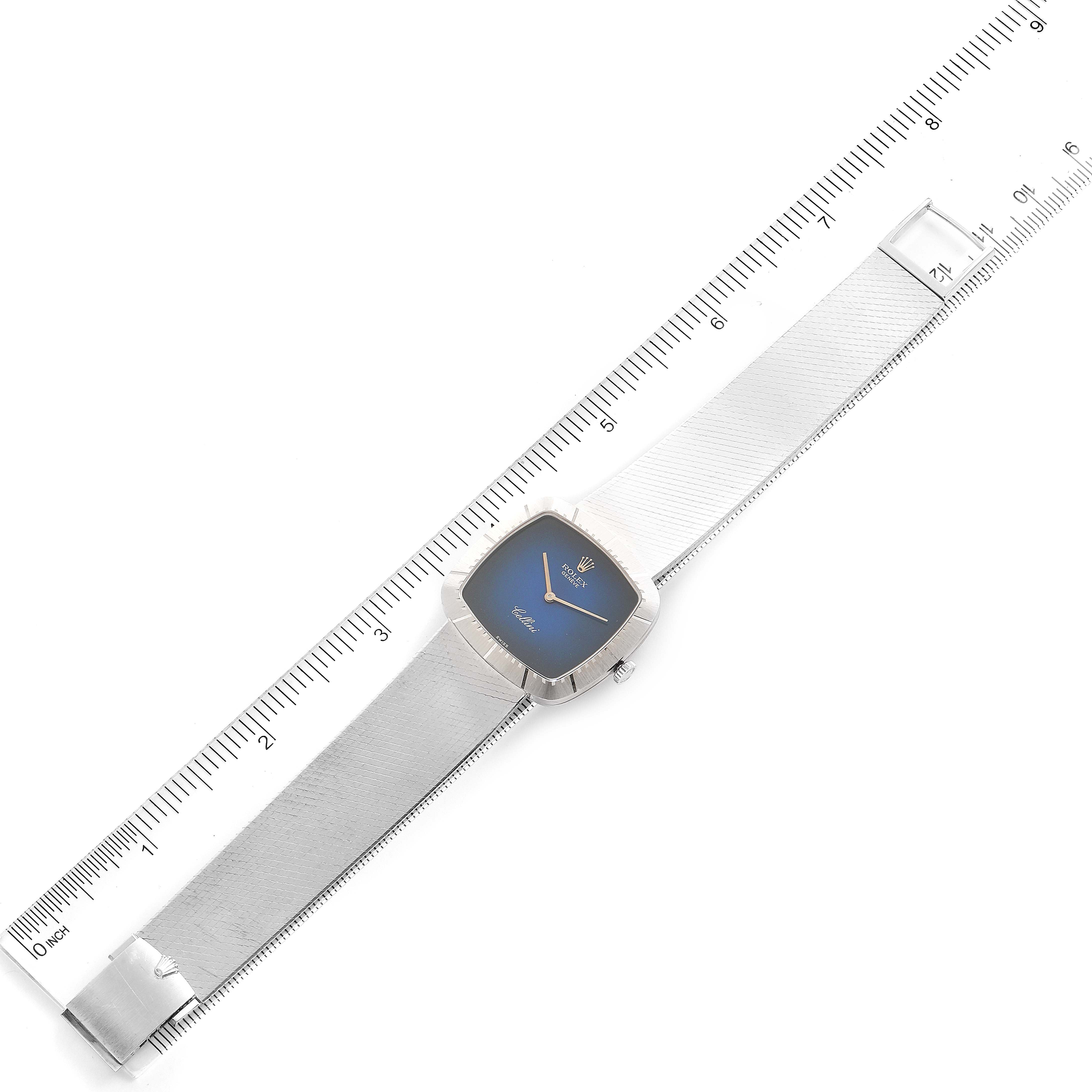 The Rolex Cellini 4320 Men
s White Gold White Dial 4320 Men
s White Gold White Dial watch is shown from a top-down view, aligned with a ruler for size reference.