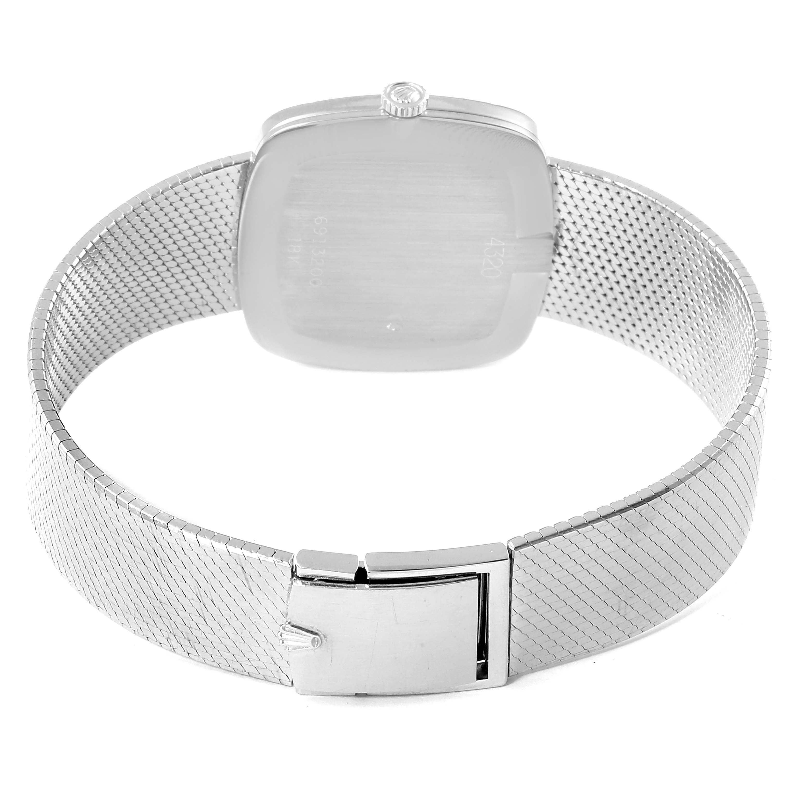 The image shows the back view of a Rolex Cellini 4320 Men
s White Gold White Dial 4320 Men
s White Gold White Dial watch, highlighting its clasp, bracelet, and case-back.