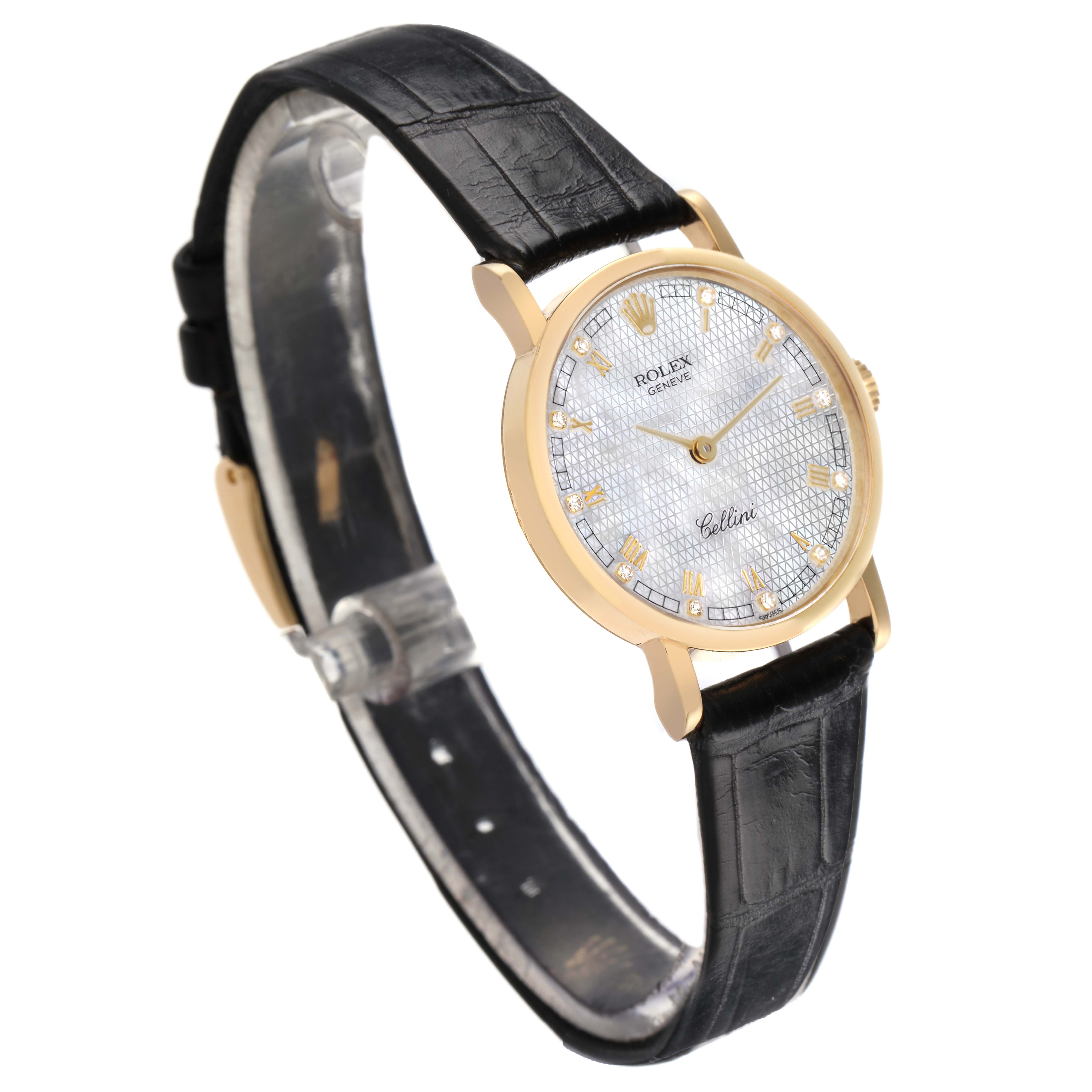 The Rolex Cellini 5109 Women
s Yellow Gold Mother of Pearl Dial 5109 Women
s Yellow Gold Mother of Pearl Dial watch is shown at a three-quarter angle, displaying the face, case, and leather strap.