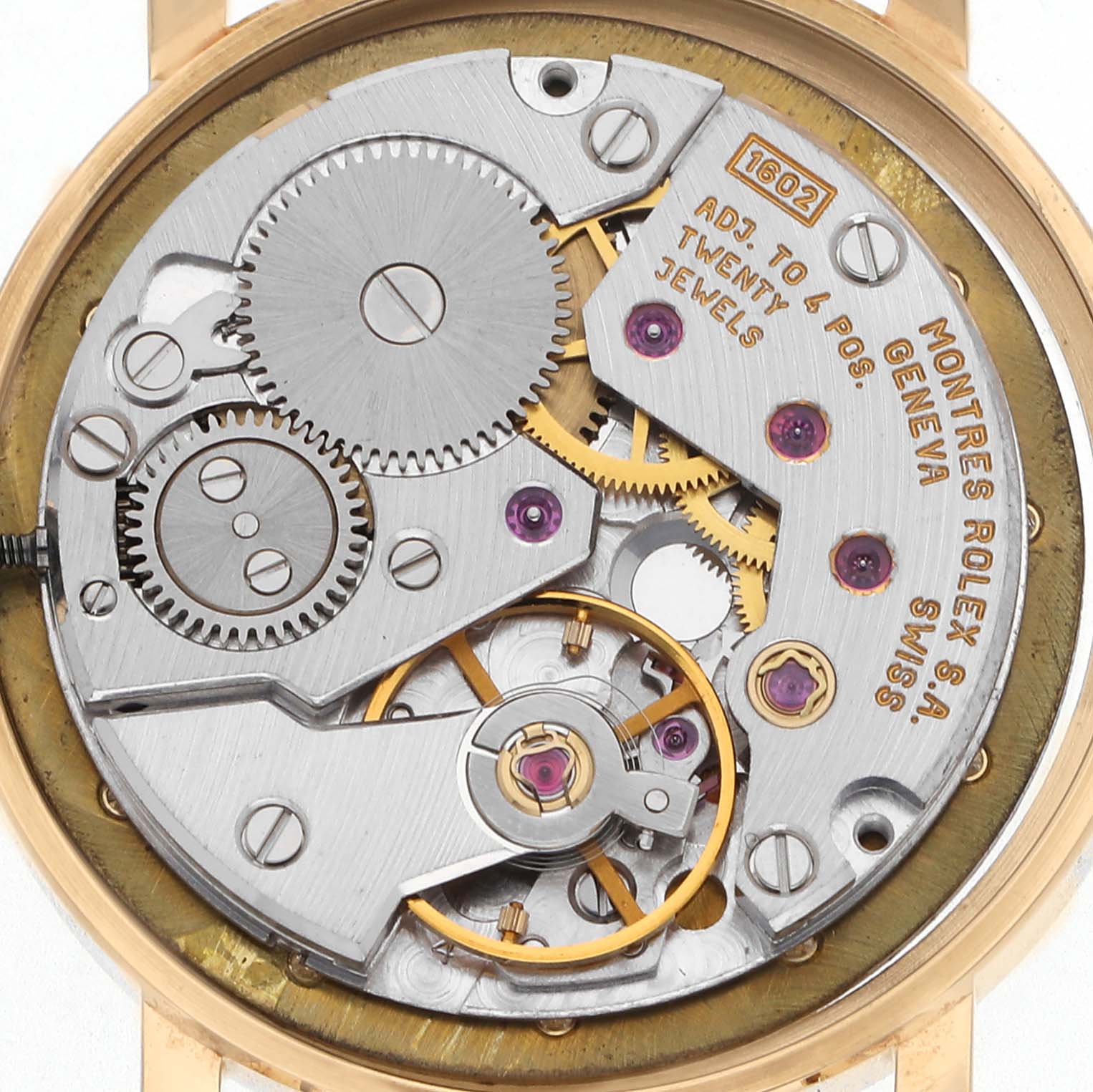 This image shows the back view of the Rolex Cellini 5109 Women
s Yellow Gold Mother of Pearl Dial 5109 Women
s Yellow Gold Mother of Pearl Dial watch movement, highlighting gears and mechanical components.